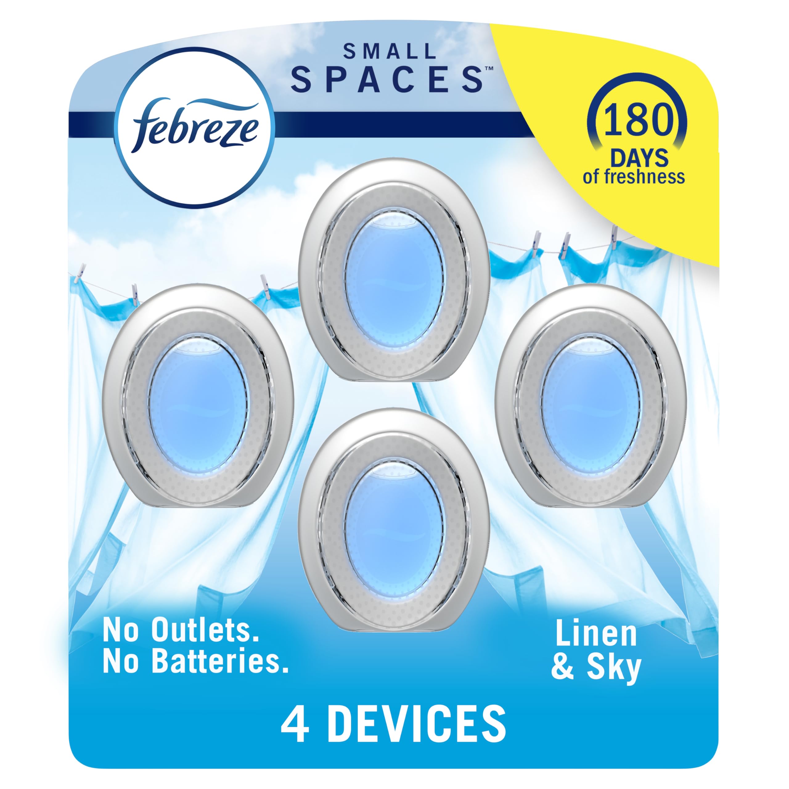 Febreze Small Spaces Air Freshener, Odor-Fighting, Plug In Alternative, Air Fresheners for Home and Bathroom and Kitchen, Closet Air Fresheners, Linen & Sky Scent, 4 Count