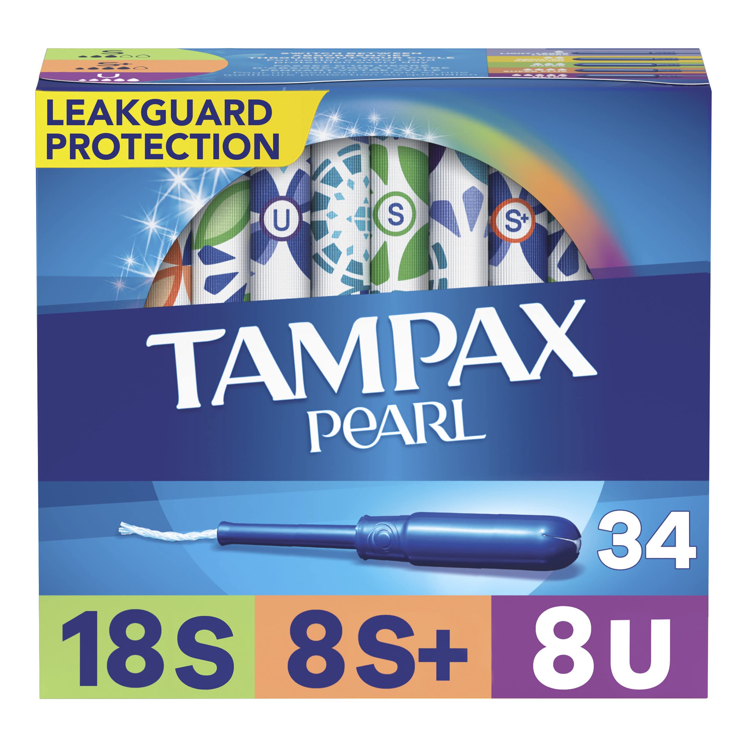 Tampax Pearl Tampons Trio Pack, Super/Super Plus/Ultra Absorbency with BPA-Free Plastic Applicator and LeakGuard Braid, Unscented, 34 Count x 3 Packs (102 Count Total)