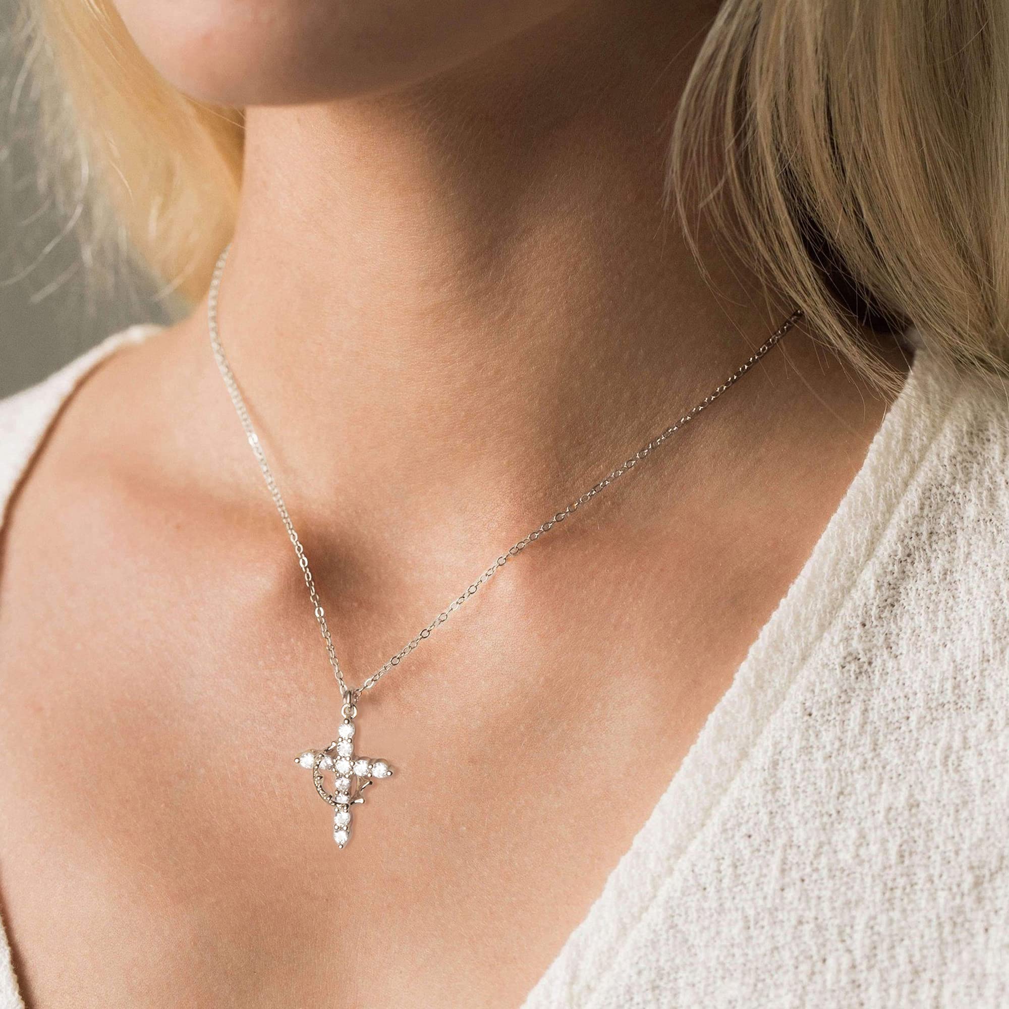 Tewiky Crown Cross Necklace for women-Dainty 14k Gold Cubic Zirconia Pendant Necklaces Simple Gold Cross Pendant Necklace Cute Tiny Gold Jewelry