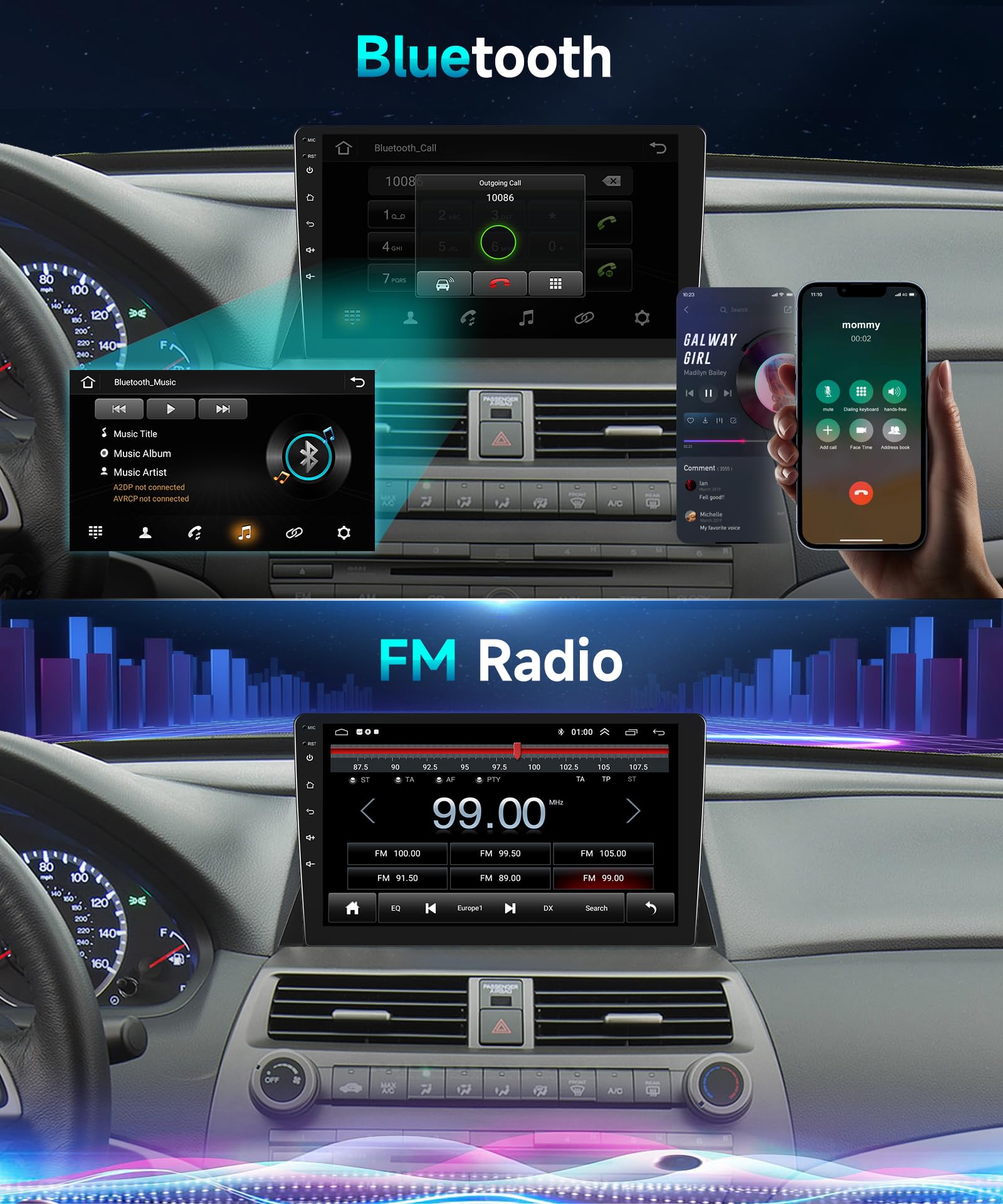 DSP Radio for Honda Accord 8th 2008-2012 Car Stereo with Wireless Carplay Android Auto,10.1 Inch 1080P Touch Screen EQ FM/RDS GPS Chip 26UIs 5.0Bluetooth WiFi AHD Backup Camera Mic 2G+32G