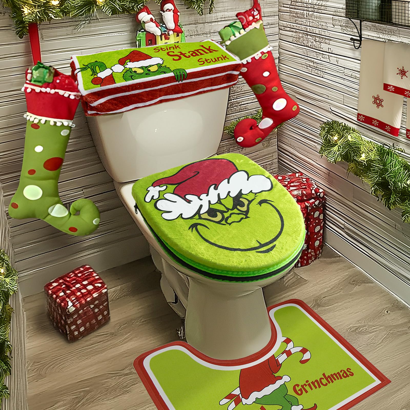 Mythcloud Christmas Decorations - Xmas Bathroom Sets - Christmas Decor Toilet Seat Cover and Rug for Indoor Home Bathroom Set of 4 (Red - Green)