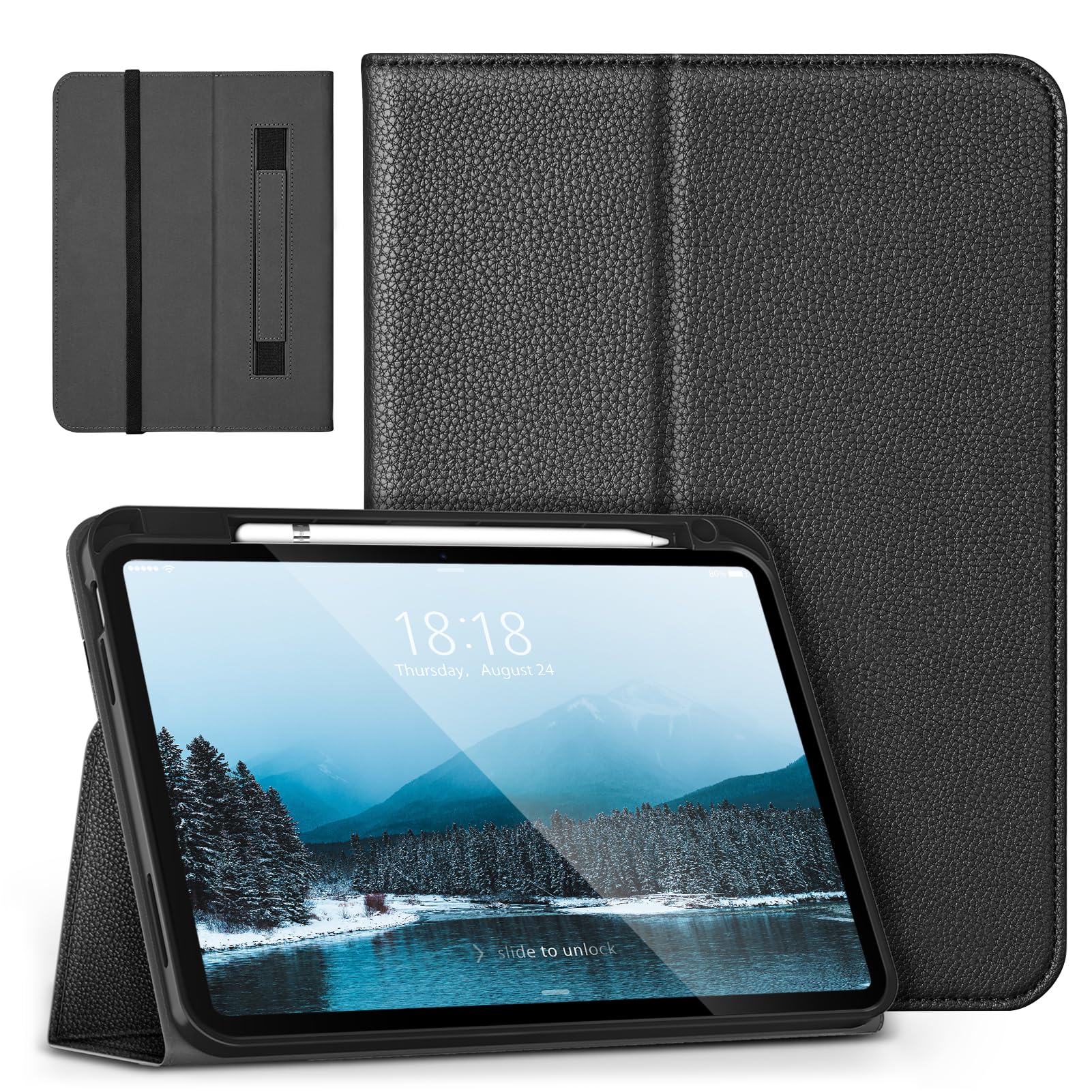 DTTO iPad 10th Generation Case (2022) - Premium Leather Folio Standing Cover with Pencil Holder, Auto Wake/Sleep, Black, for 10.9inch iPad 2022 (Model: A2757/A2777/A2696)