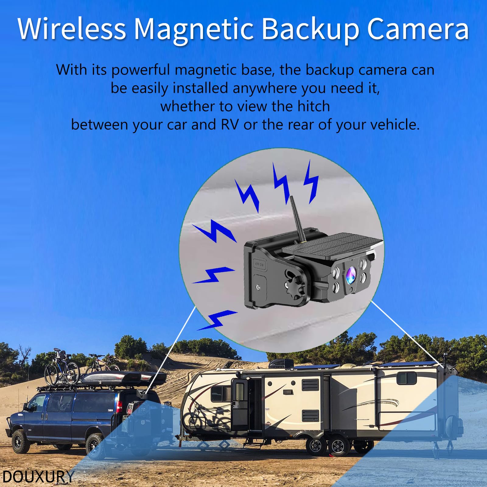 Wireless Backup Camera Solar Magnetic for Car RV Trailer Truck Camper 5th Wheels Hitch Towing No Wiring No Drilling Rechargeable Night Vision Portable Backup Camera with 5" 1080P HD 2-Split Monitor