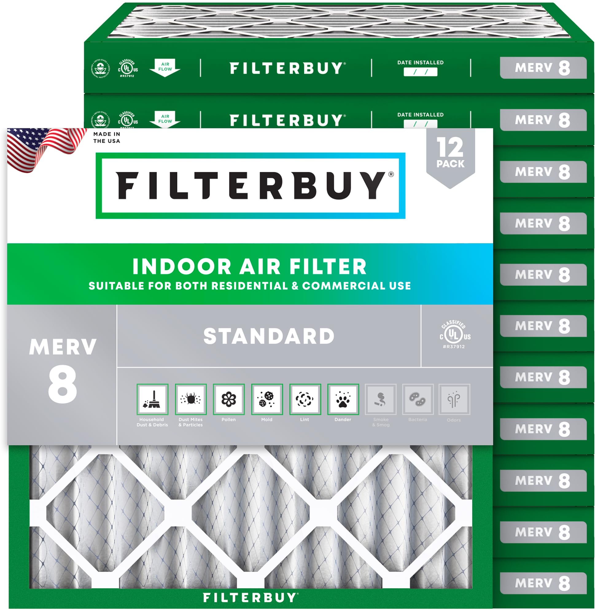 Filterbuy 18x18x2 Air Filter MERV 8 Dust Defense (12-Pack), Pleated HVAC AC Furnace Air Filters Replacement (Actual Size: 17.75 x 17.75 x 1.75 Inches)