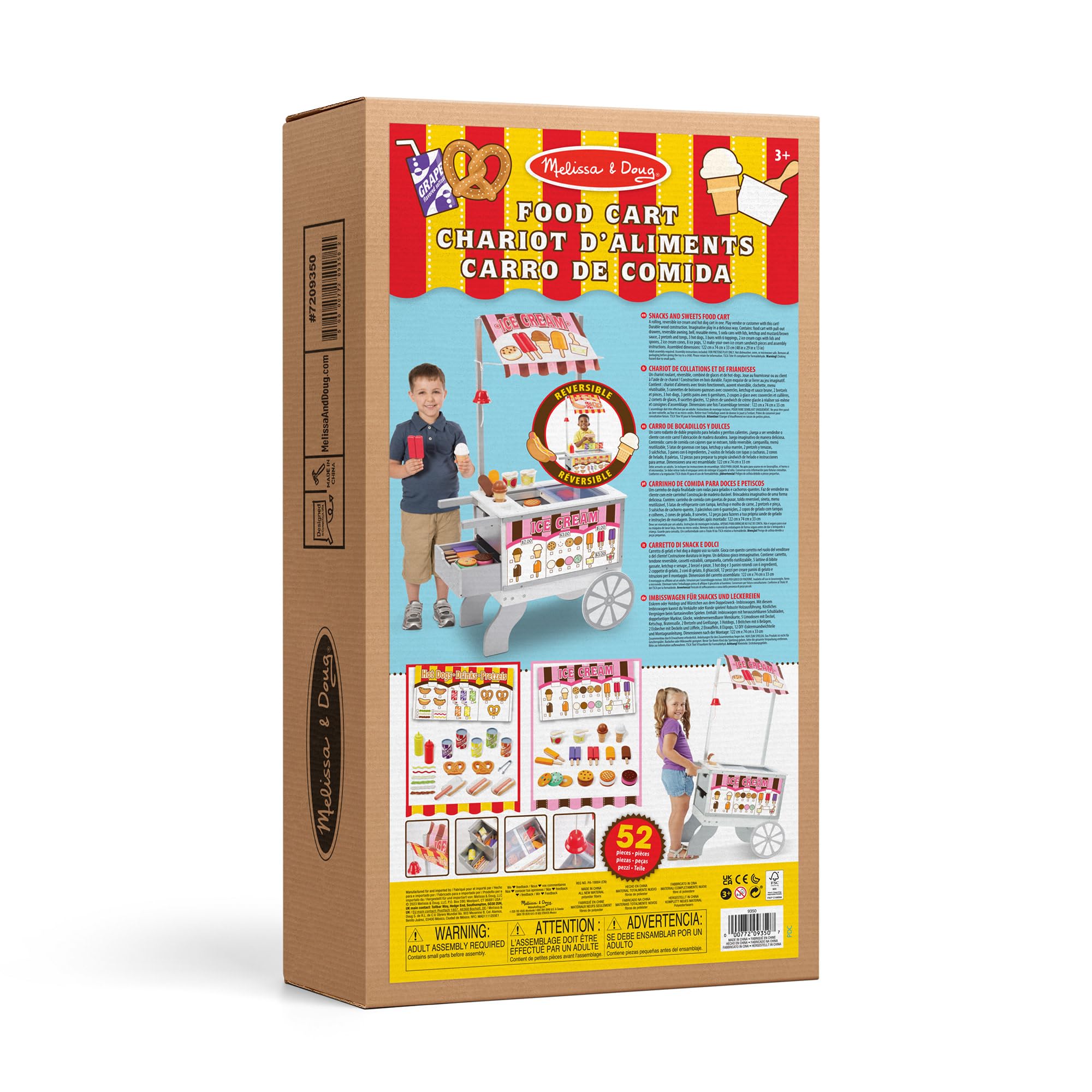 Melissa & Doug Wooden Snacks and Sweets Food Cart - 40+ Play Food pcs, Reversible Awning