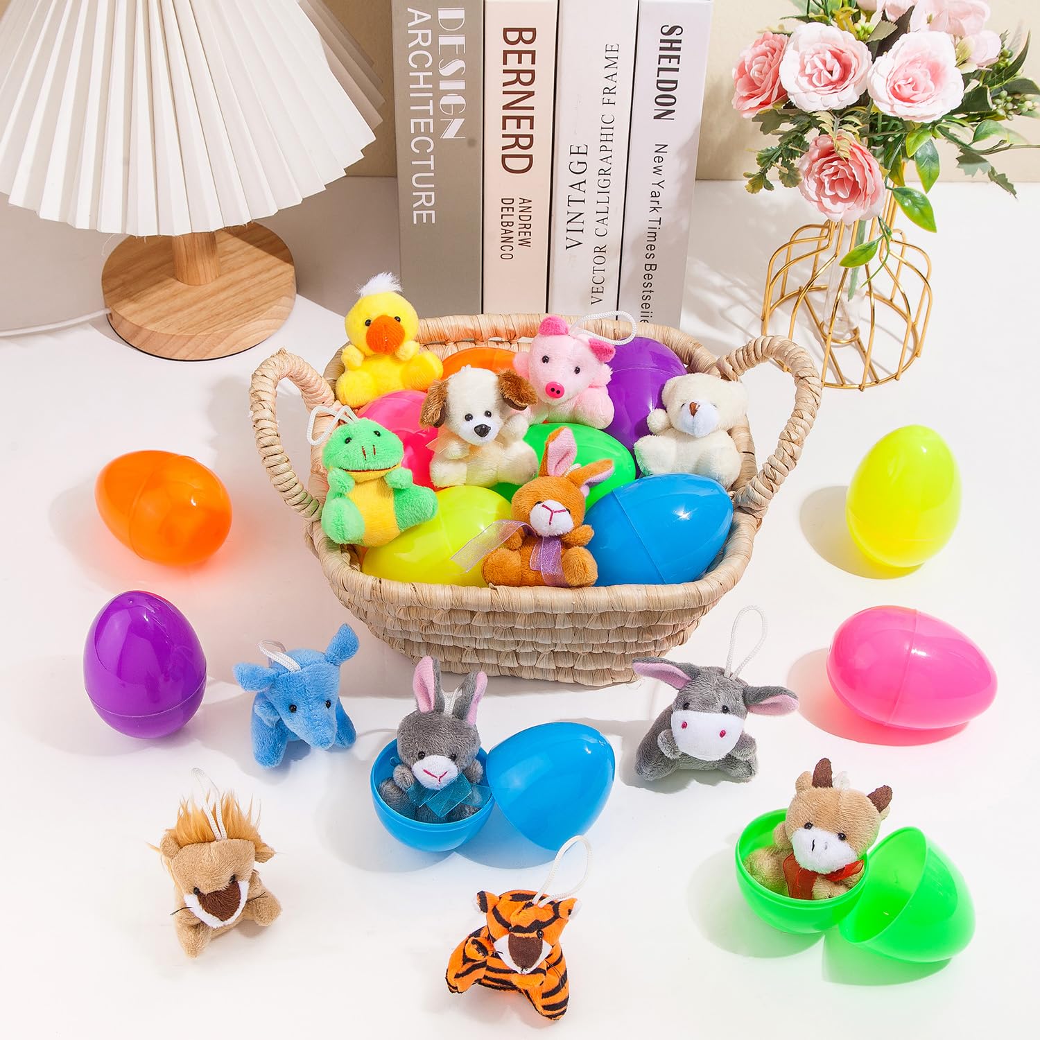 JIALWEN 12 Pack Filled Easter Eggs with Plush Animal, Easter Basket Stuffers Plastic Easter Eggs Prefilled Surprise Plush Toys Easter Gifts Hunt Party Favors for Toddler Boys Girls