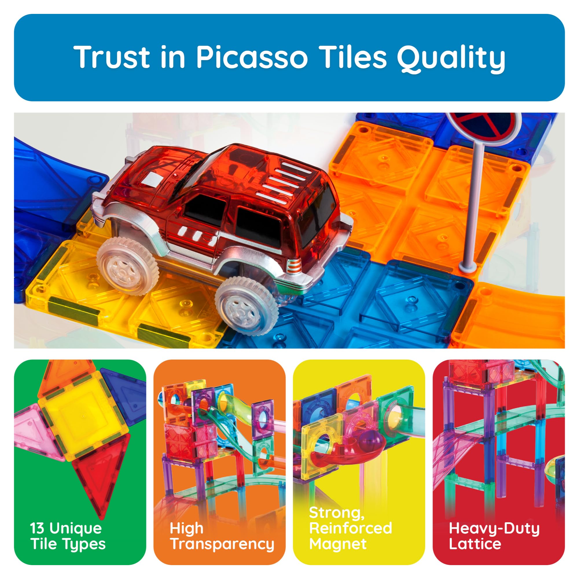 PicassoTiles 108pc 3-in-1 Marble Run Car Race Track Combo Magnetic Tiles PicassoToys Magnet Building Block Educational Construction Toy Playset STEM STEAM Learning Kit Child Brain Development PTG108