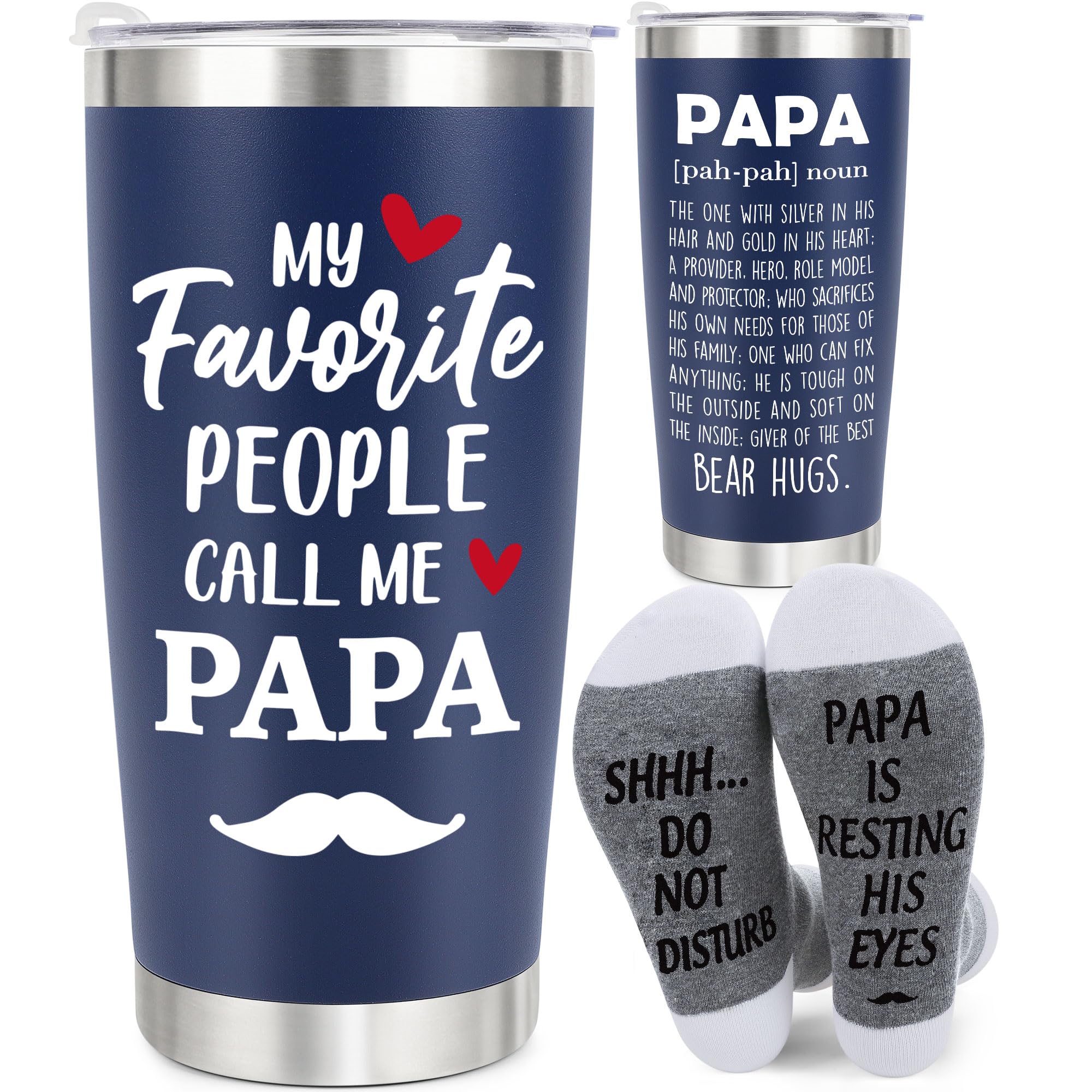 Papa Tumbler Cup Gifts for Grandpa Christmas Gifts from Grandkids, Papa Gifts from Granddaughter Grandson, First Time Grandpa Gifts, Granddad Grandfather Papa Birthday Gift, 20oz Dark Blue Cup & Socks