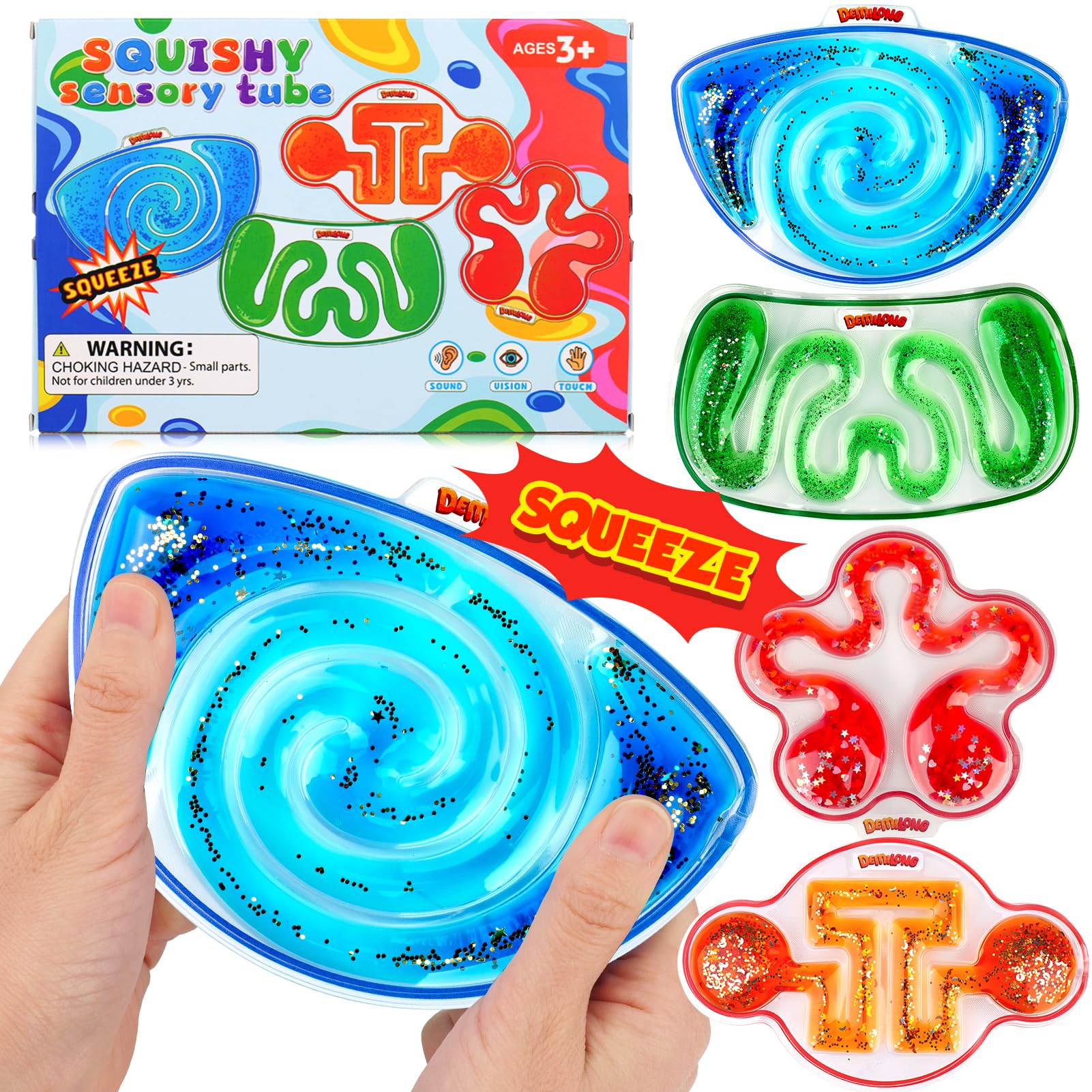 Squishy Sensory Toys for Kids - 4 Pack Fidget Toy Sensory Maze for Autism - Stress Relief Toys for Calm Down - Squeeze Fidget Toy Filled Goo, Glitter, Prizes for Kids Classroom, Easter Basket for Kid