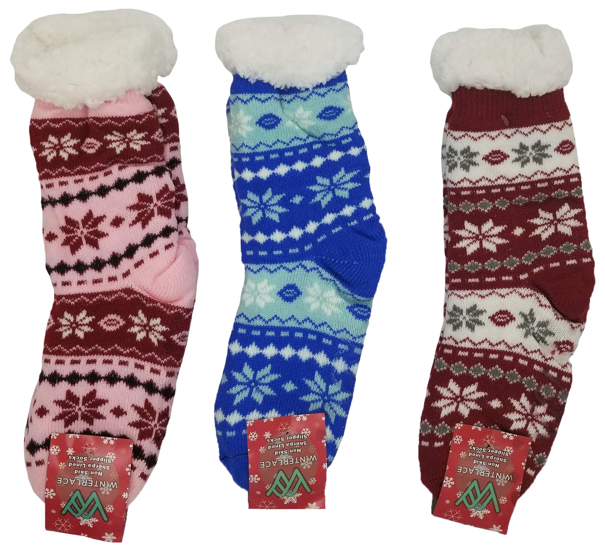 Sherpa Lined Slipper Socks, 3 Pairs for Women, Fluffy Christmas Winter Patterned with Gripper Bottoms, Warm Soft (Fair Isle)