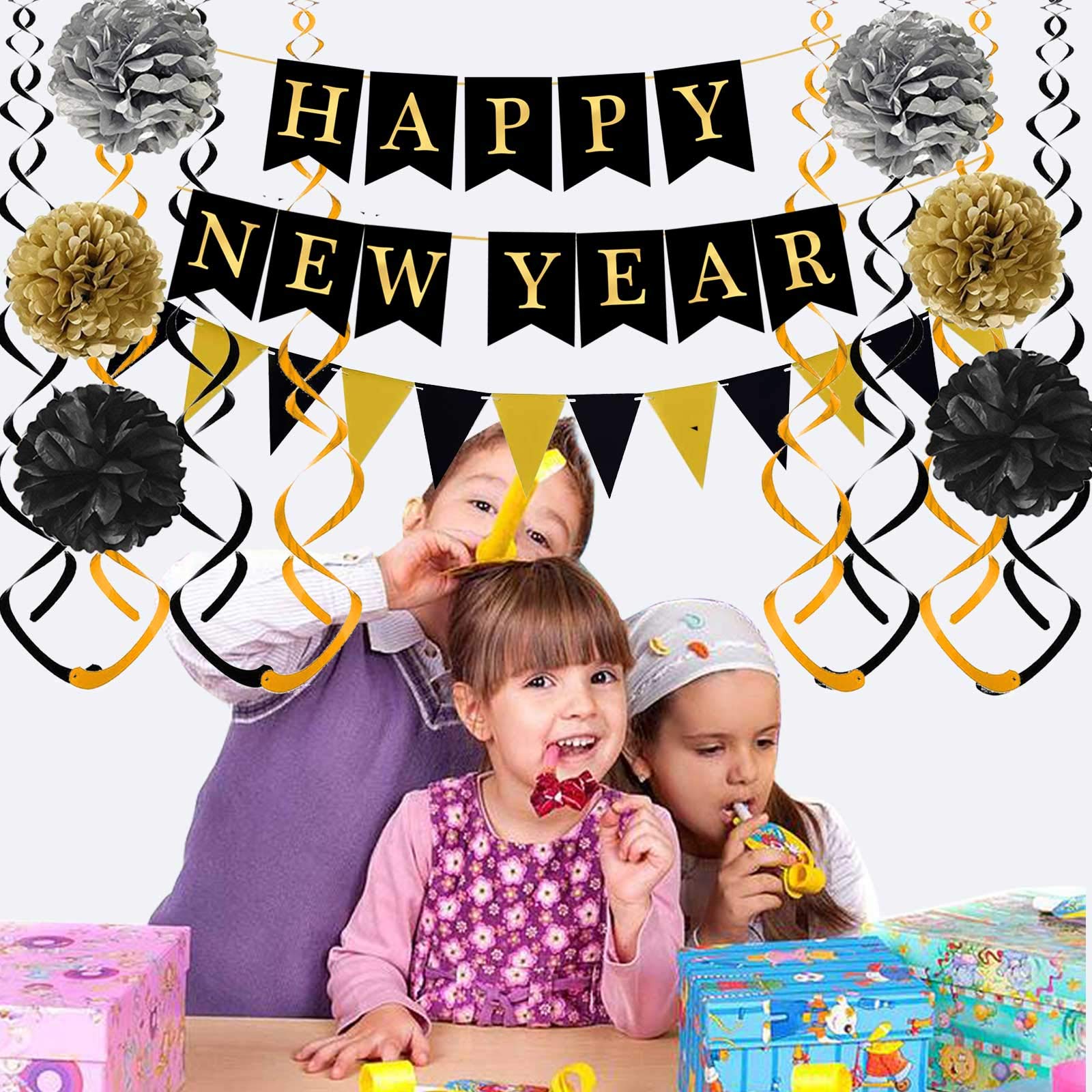 Black Happy New Year with Gold Black Paper Flag Bunting Swirl Streamers & Pom Poms for New year Party Decorations