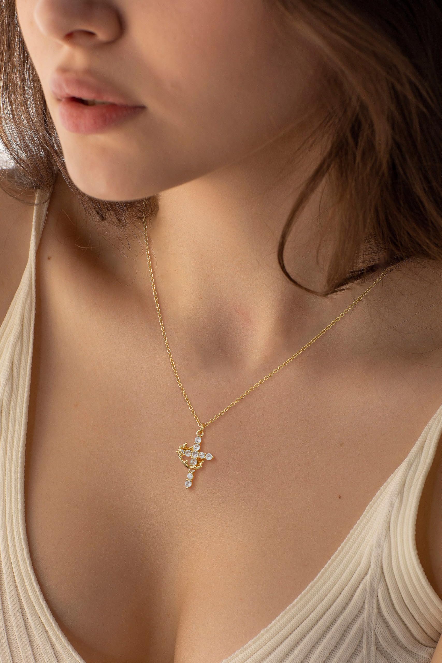 Tewiky Cross Necklace for Women-Cute 14k Gold Plated Crown Cross Pendant Necklaces Simple Diamond Gold Necklaces Faith Cross Jewelry First Communion Necklace