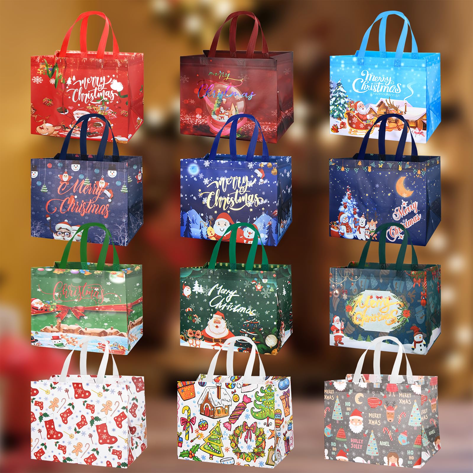 12PCS Christmas Gift Bags - Waterproof Non-Woven Fabric with 12 Unique Festive Designs - Perfect for Holiday Gift Wrapping, Candy Containers, and Christmas Decorations - Durable, Reusable Tote Bags