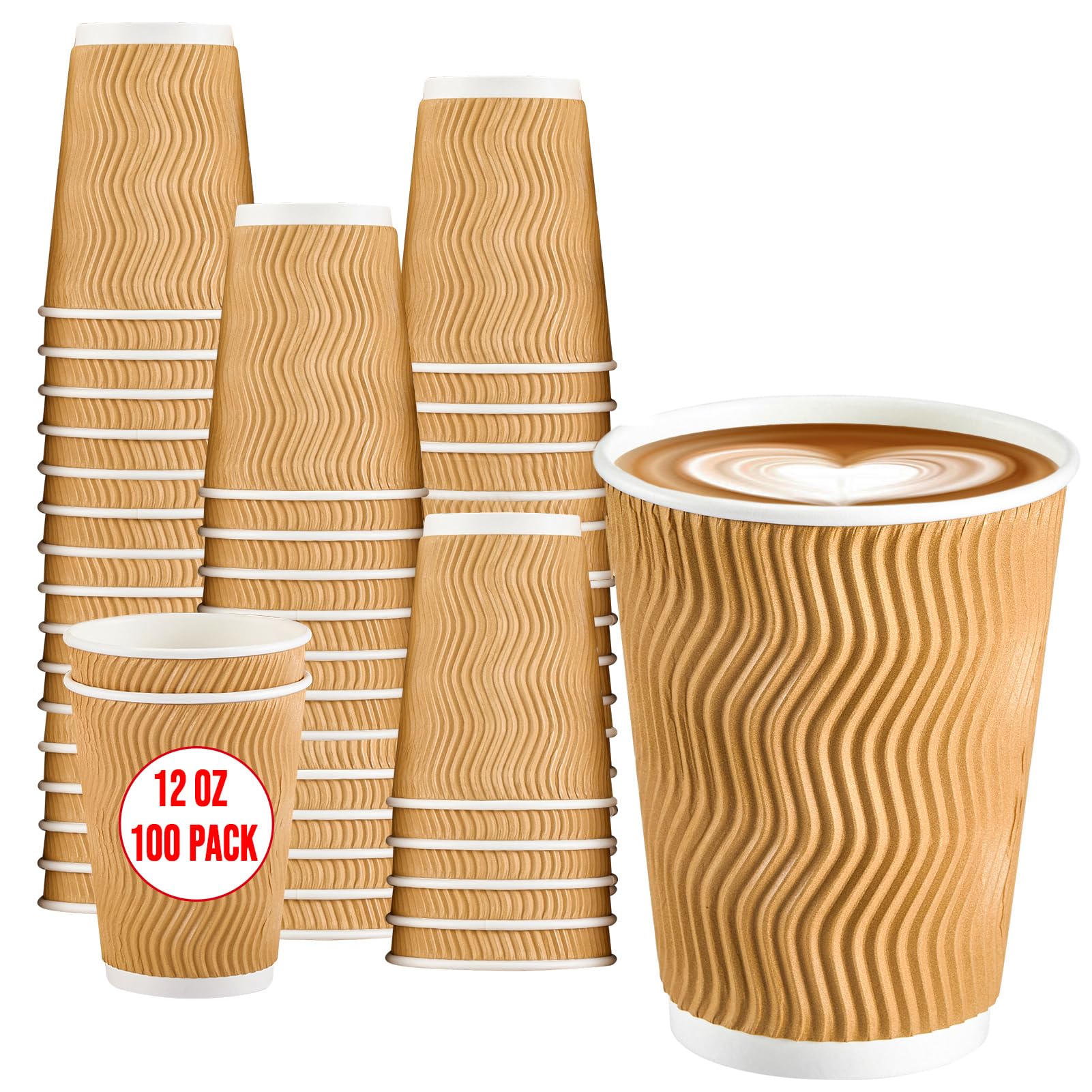 BYSNOW 100 Pack 12 oz Disposable Coffee Cups No Lids, Insulated Ripple Wall Paper Coffee Cups Suitable for Chocolate Cocoa and Hot/Cold Drinks (Champagne)