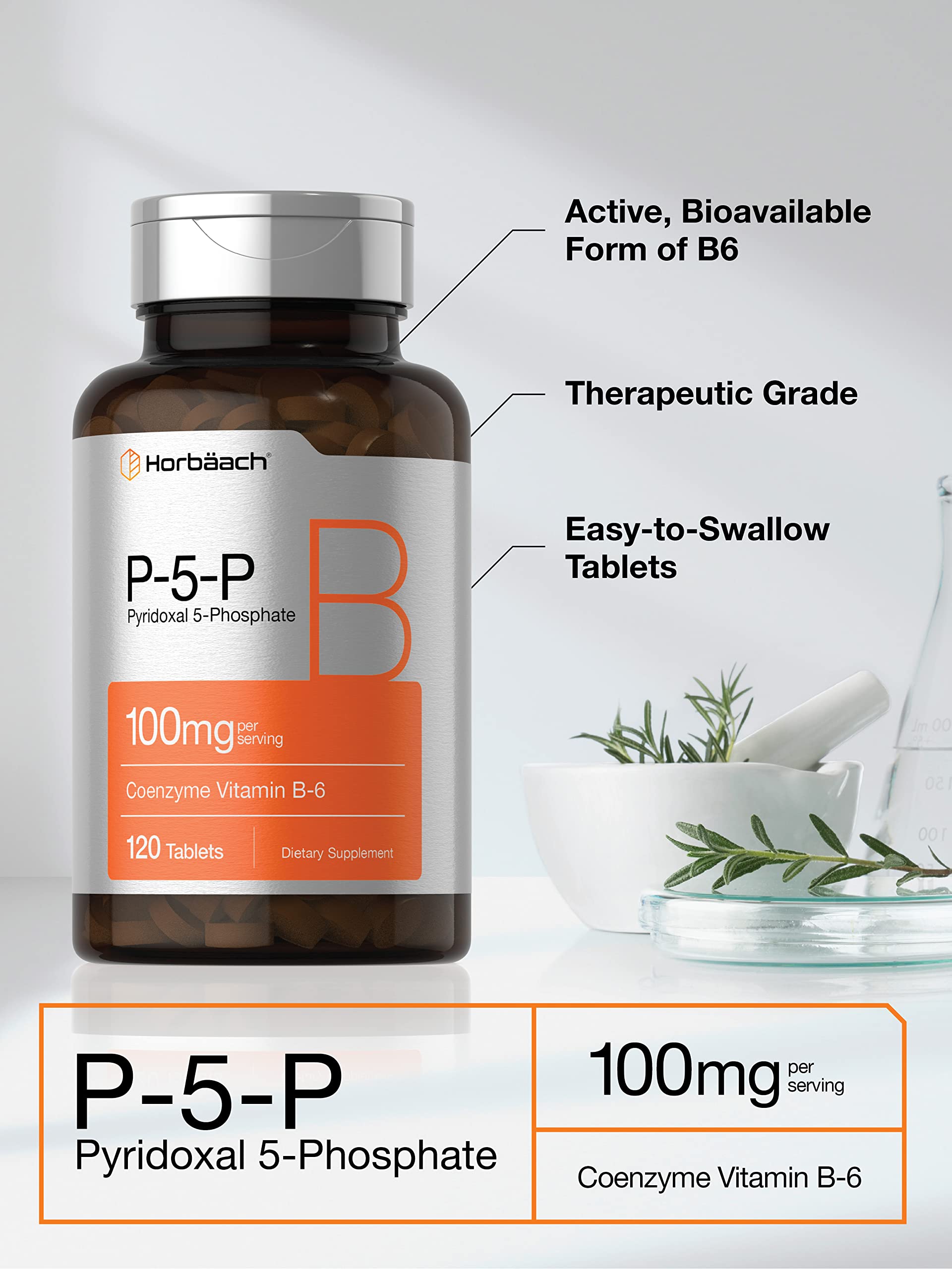 Horbäach P-5-P Activated Vitamin B6 100mg | 120 Tablets | Vegetarian Supplement, Non-GMO, Gluten Free | Pyridoxal 5 Phosphate | Coenzyme B6