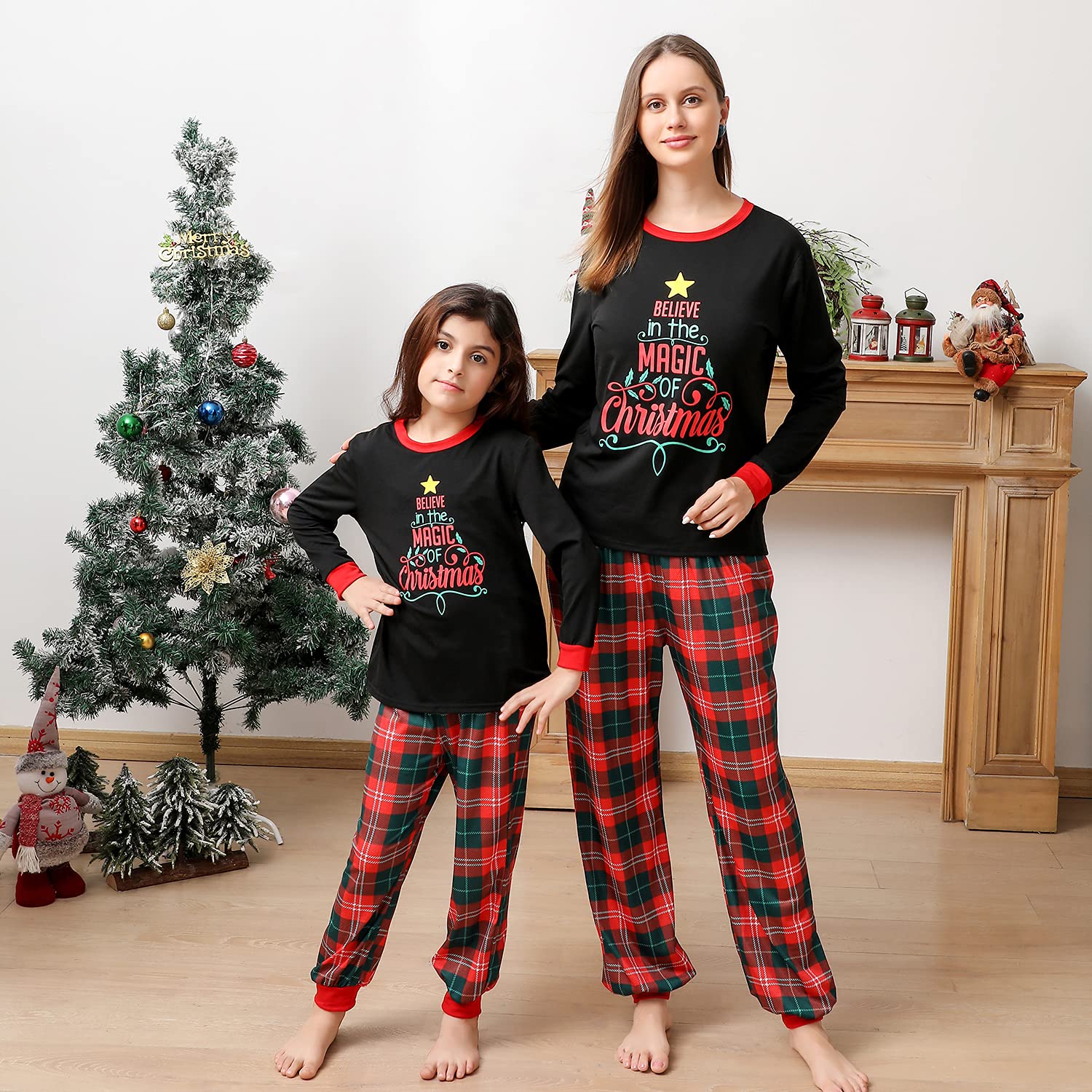 ANGELGGH Matching Family Christmas Pajamas Sets, Holiday PJs with Top and Pants, Cute 2 Piece Sleepwear for Couples/Women/Men (Men, L, Red Black Believe)