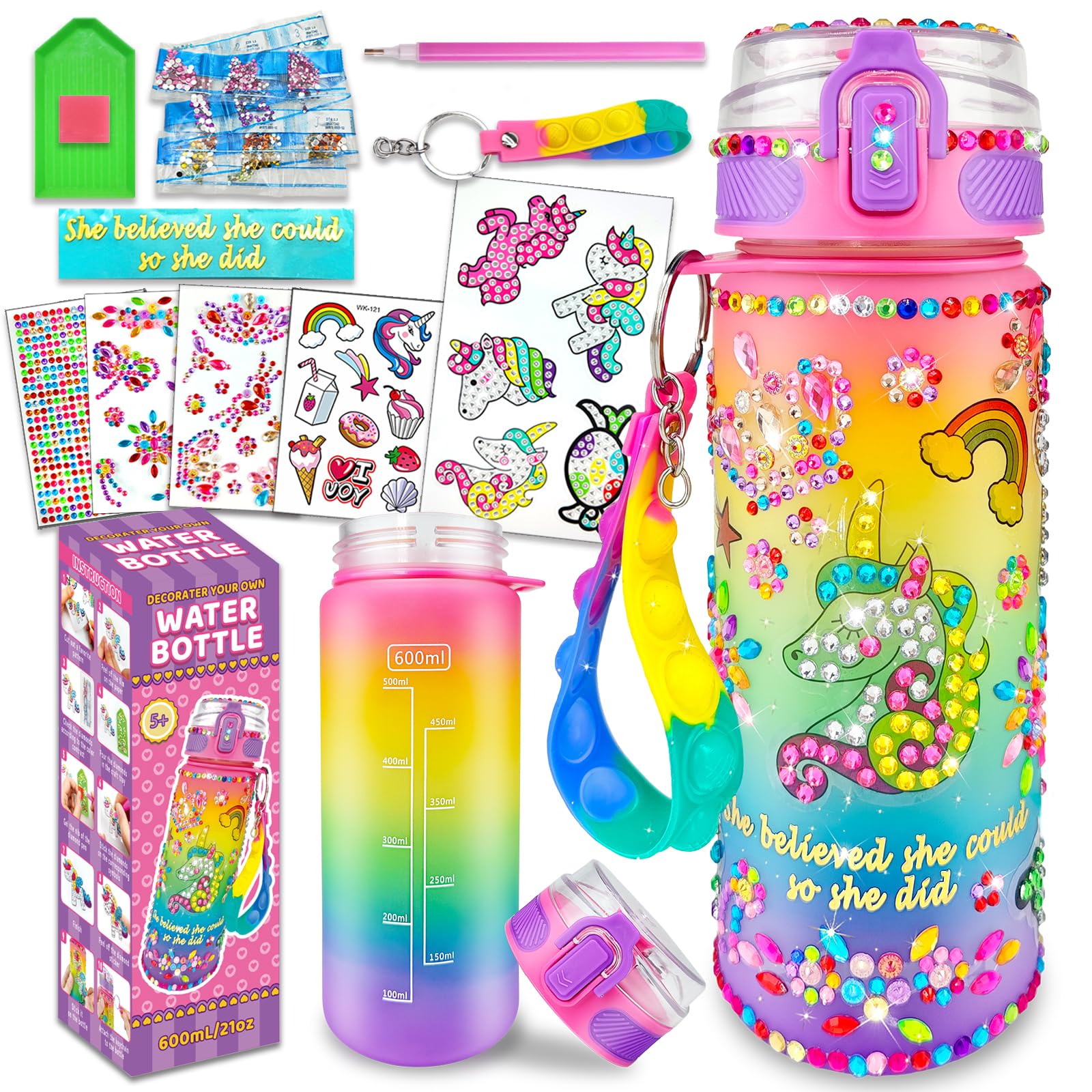 EDSPORTSHOUSE Decorate Your Own Water Bottle Kits for Girls Age 4-6-8-10,Unicorn Painting Crafts,Fun Arts and Crafts Gifts Toys for Girls Birthday Christmas(Unicorn)