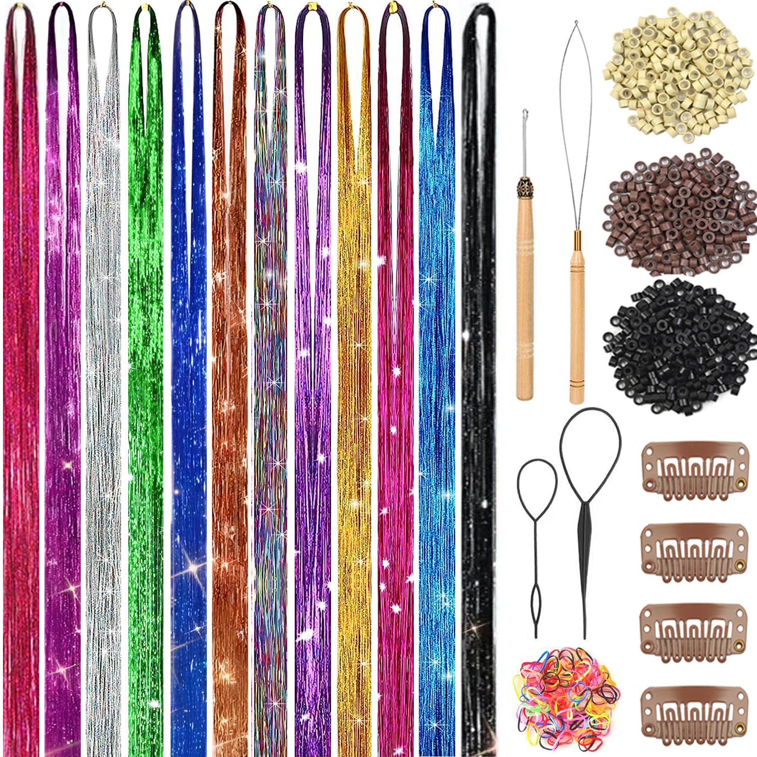 Hair Tinsel Kit (48 Inch,12 Colors, 3600 strands), Fairy Tinsel Hair Extensions with Tools - Glitter Hair Tinsel Kit Heat Resistant Accessories for Girls Women Kids Christmas New Year