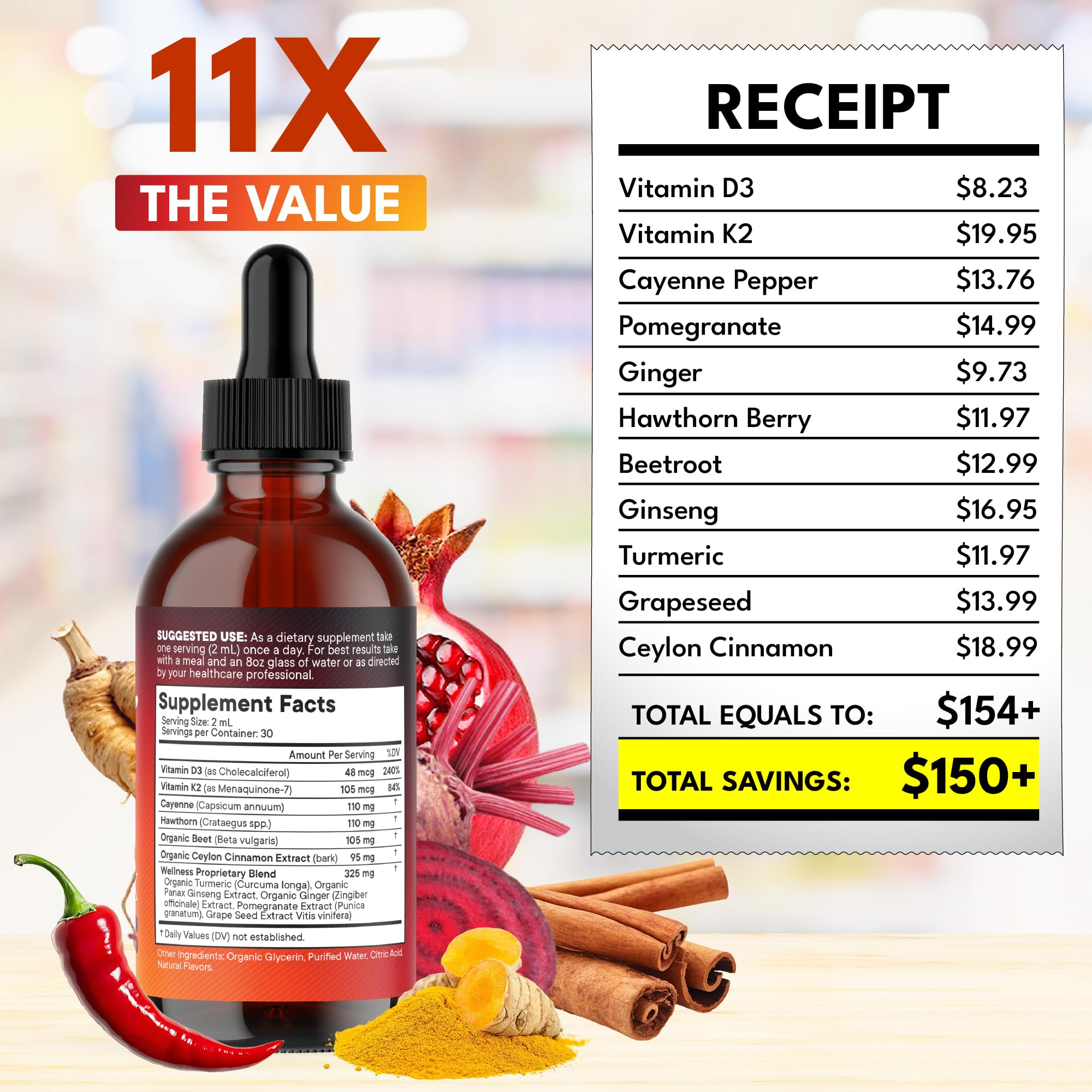Cayenne Pepper Supplement Liquid Drops + Hawthorn Berry, Vitamin D3 K2 Beet Root Powder, Ceylon Cinnamon, Turmeric Curcumin, Organic Panax Ginseng - 4oz