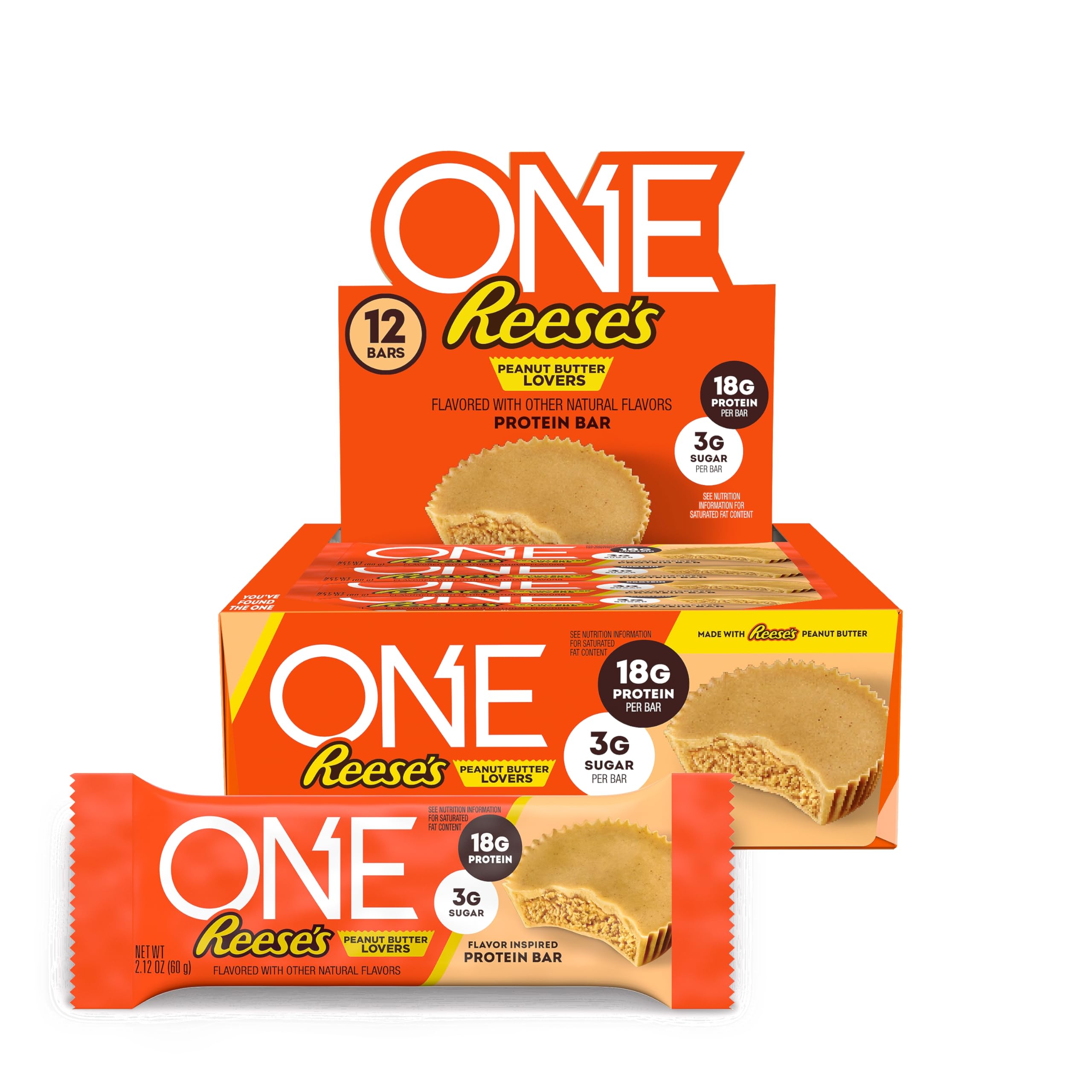 ONE Protein Bars, Reese's Peanut Butter Lovers, Gluten Free with 18g Protein and 3g Sugar, Pantry Staples, 2.12 oz (12 Count)