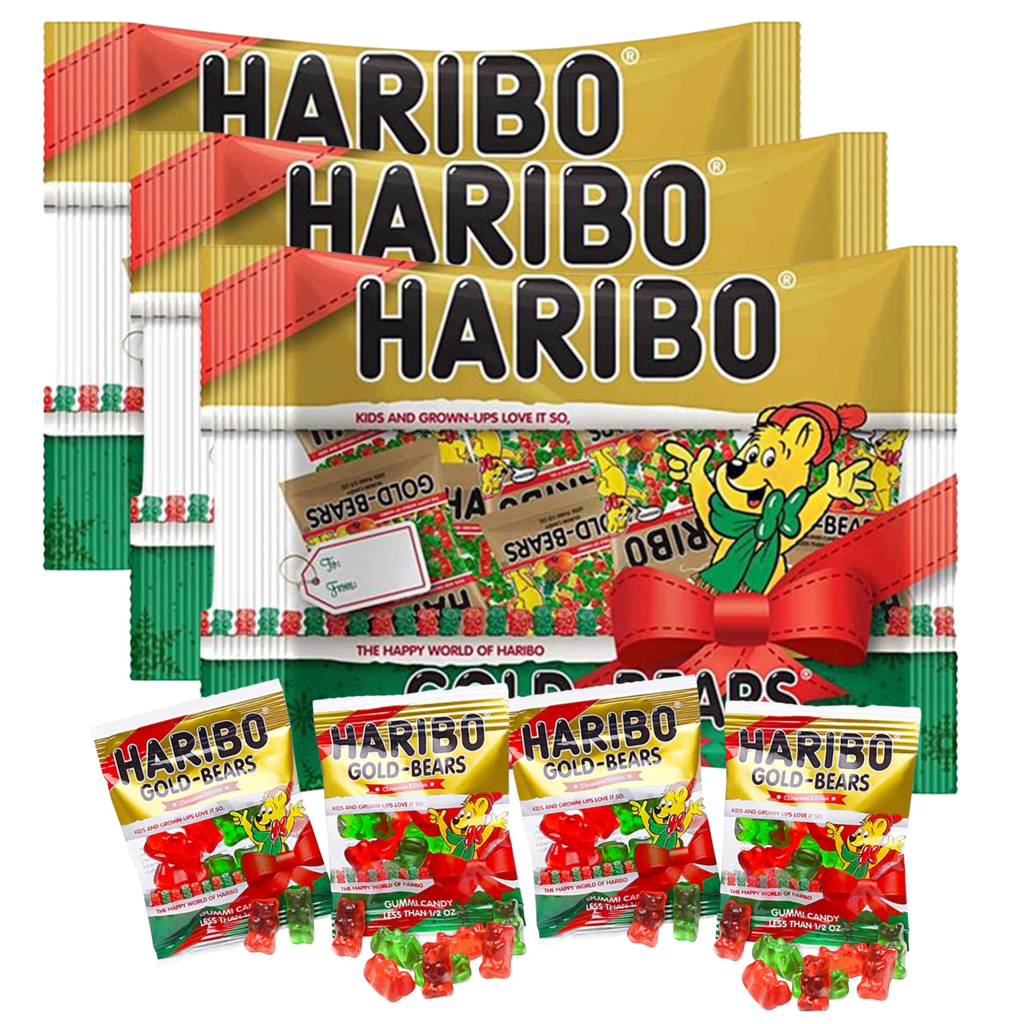 Haribo Gold-Bears Christmas Edition Gummi Candy Mini Packages, 9.5 oz Total Bag Weight, Pack of 3