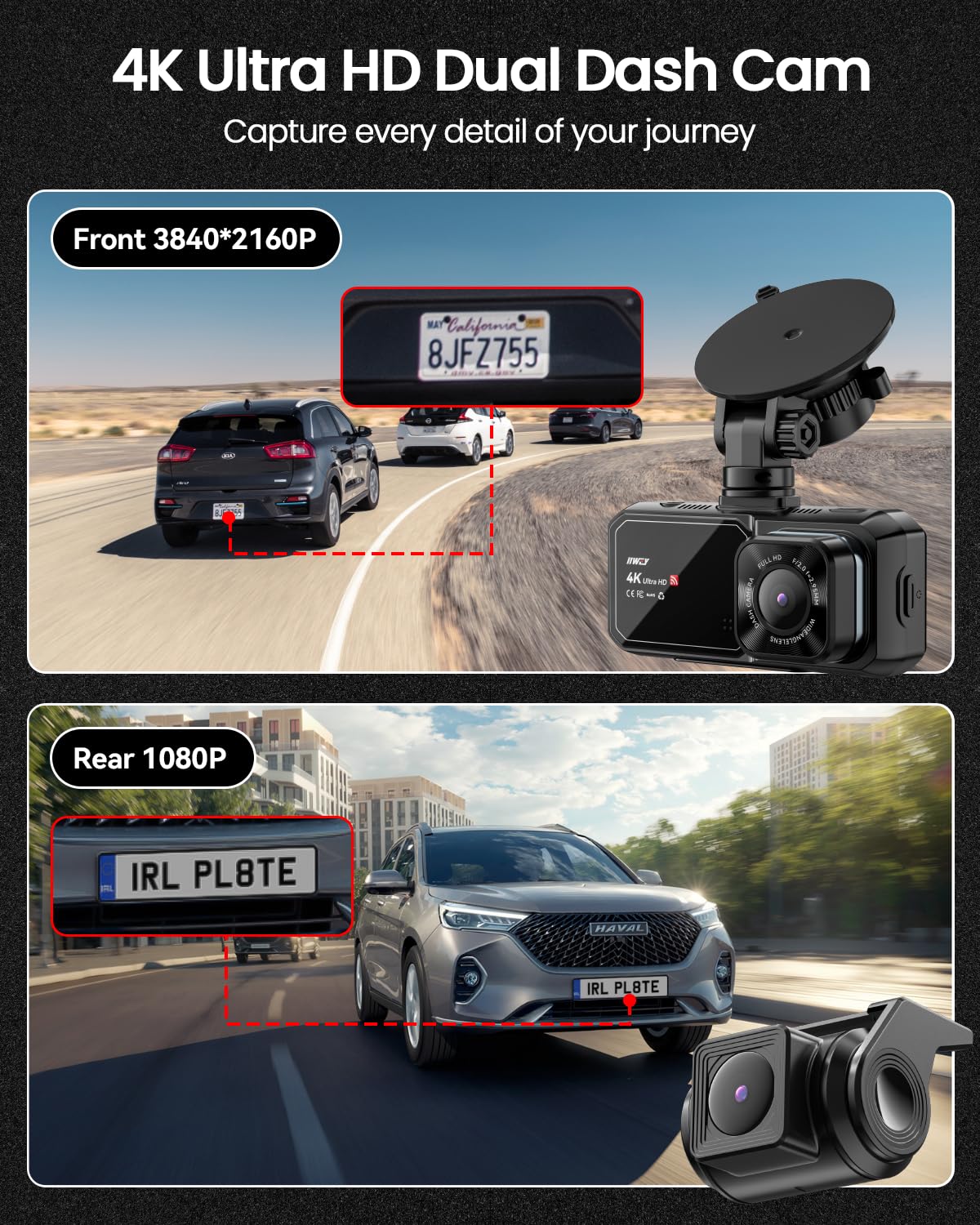 Dash Cam Front and Rear, 4K UHD Dual Dash Camera for Cars, 3.16" IPS Dashboard Camera Recorder Built-in WiFi & APP Control, with Free 64GB SD Card, 24H/7 Parking Mode, WDR, Supercapacitor