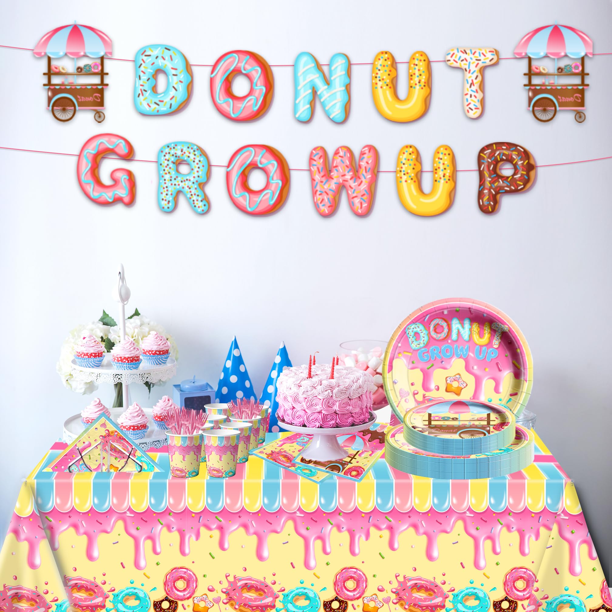 142Pcs Donut Tableware Set Party Supplies Donut Birthday Themed Party Decoration Donut Grow Up Parties Decoration Disposable Tablecloth,Plates,Cups,Napkins,Banner and Cutlery