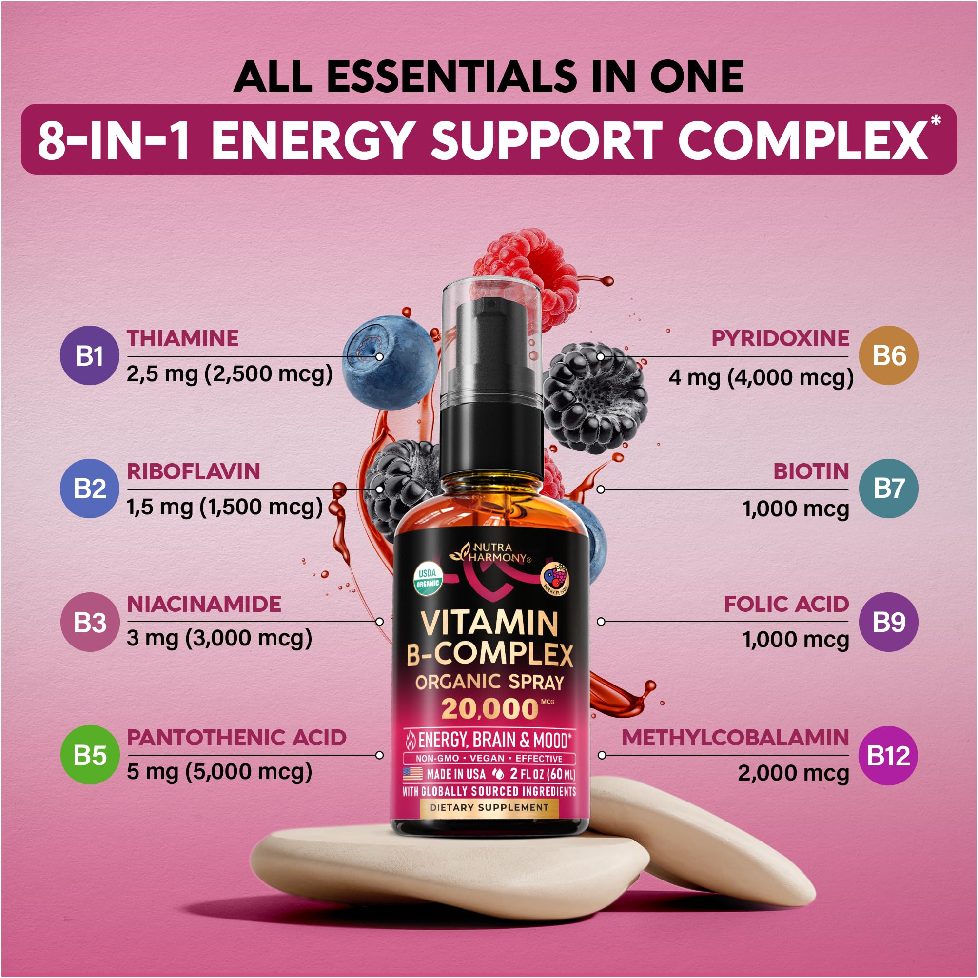 USDA Organic Vitamin B-Complex Liquid Spray 8-in-1 - B5 Pantothenic Acid | B12 Methylcobalamin | B1 Thiamine | B6 Pyridoxine | B7 Biotin | B9 Folic | B3 Niacinamide - Made in USA Supplement, 2fl oz