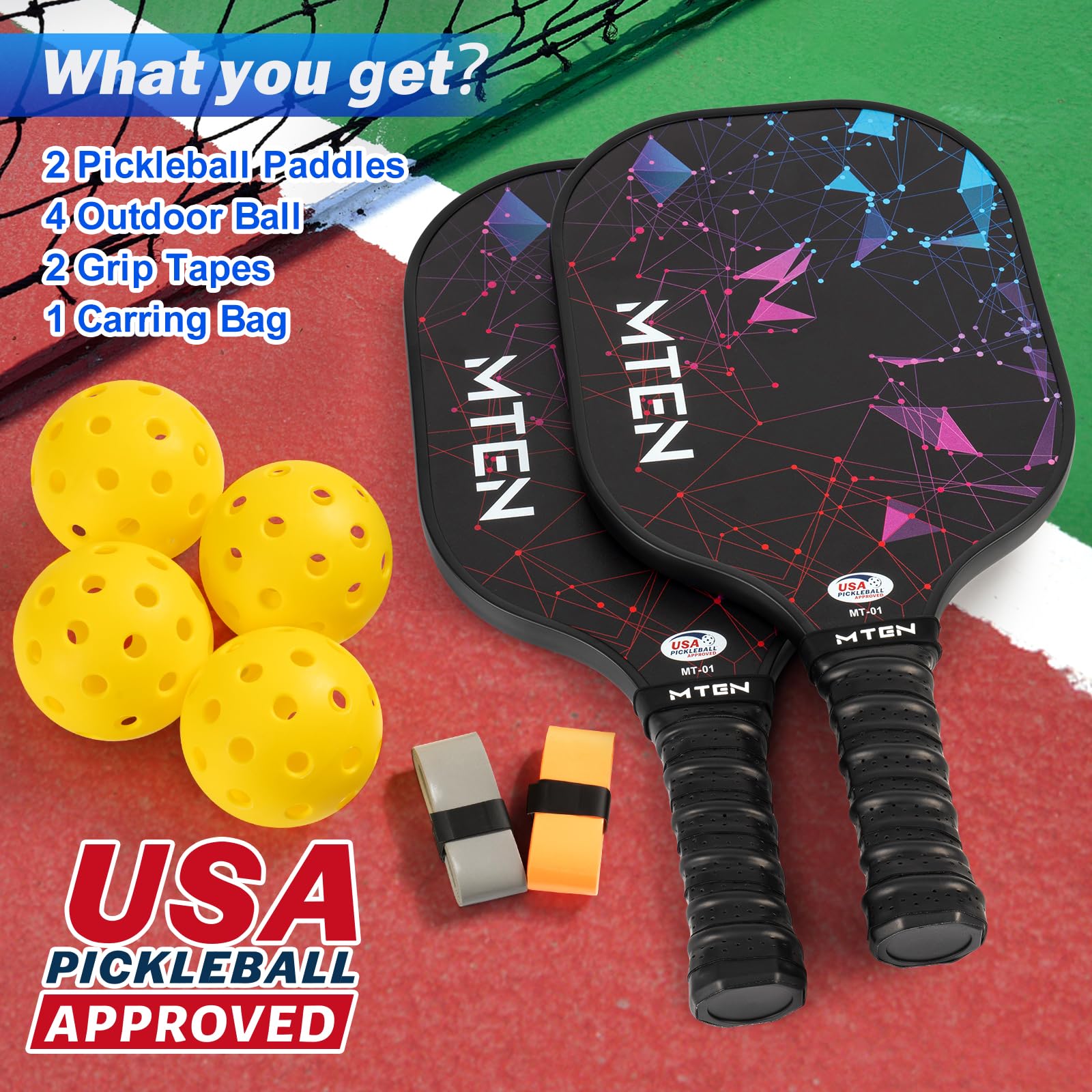 Pickleball Paddles Set of 2, USAPA Approved Fiberglass Surface Pickleball Set with 2 Pickleball Rackets,4 Pickleball Balls,1 Portable Carry Bag, Pickle Racket Set for Men Women