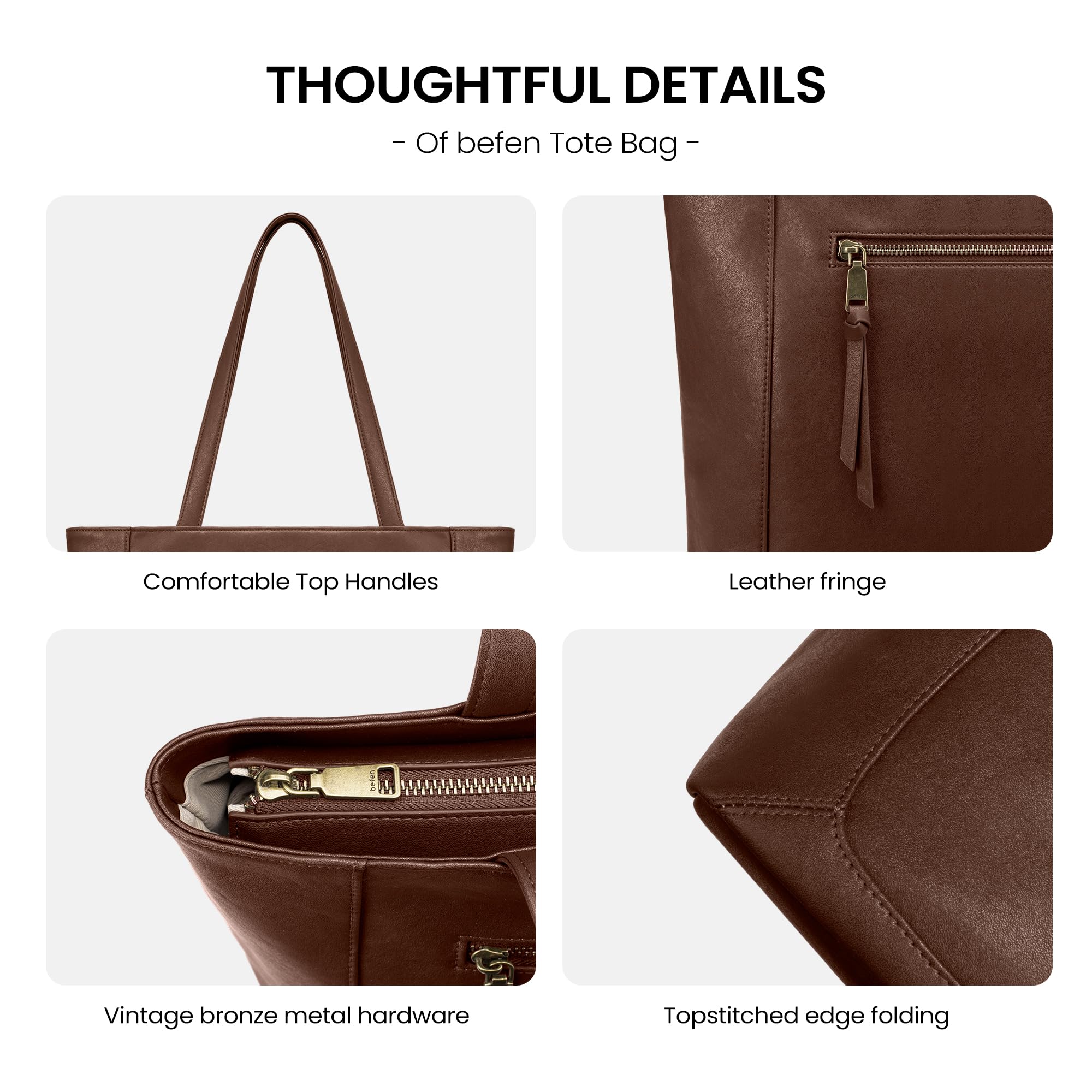 befen Genuine Leather Tote Bag for Women, Women's Shoulder Handbags Tote Purse with Zipper Work Shoulder Bag Tote with 15.6" Compartment, Brown