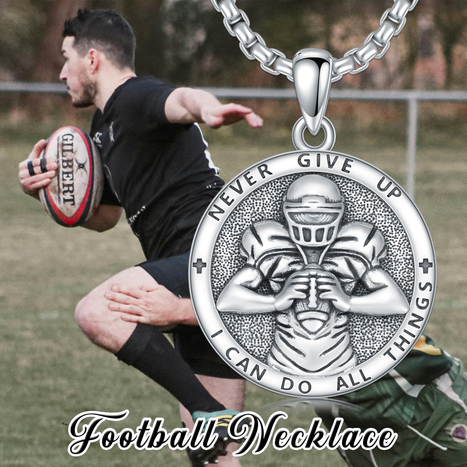 PROESS Football Necklace for Men Football Lovers Fans Sterling Silver Never Give Up Sports Necklace Football Gifts for Birthday Christmas