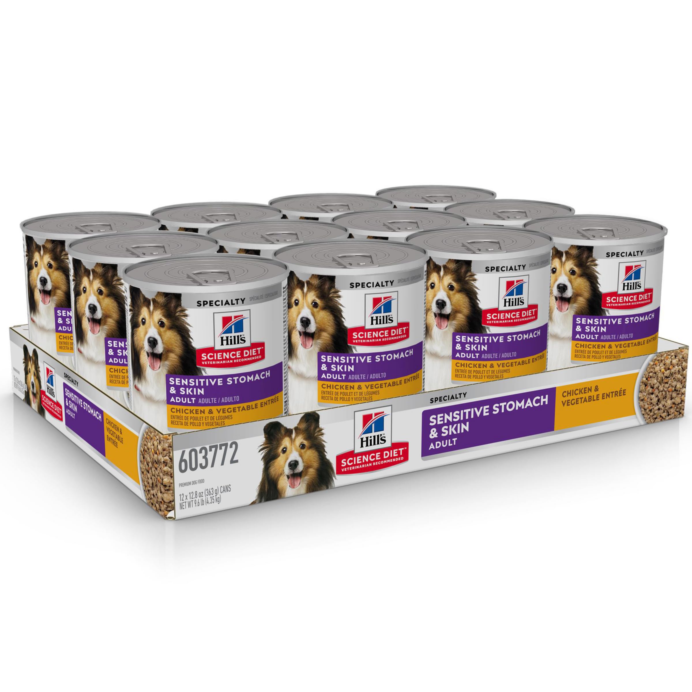 Hill's Science Diet Sensitive Stomach & Skin, Adult 1-6, Stomach & Skin Sensitivity Support, Wet Dog Food, Chicken & Vegetables Loaf, 12.8 oz Can, Case of 12