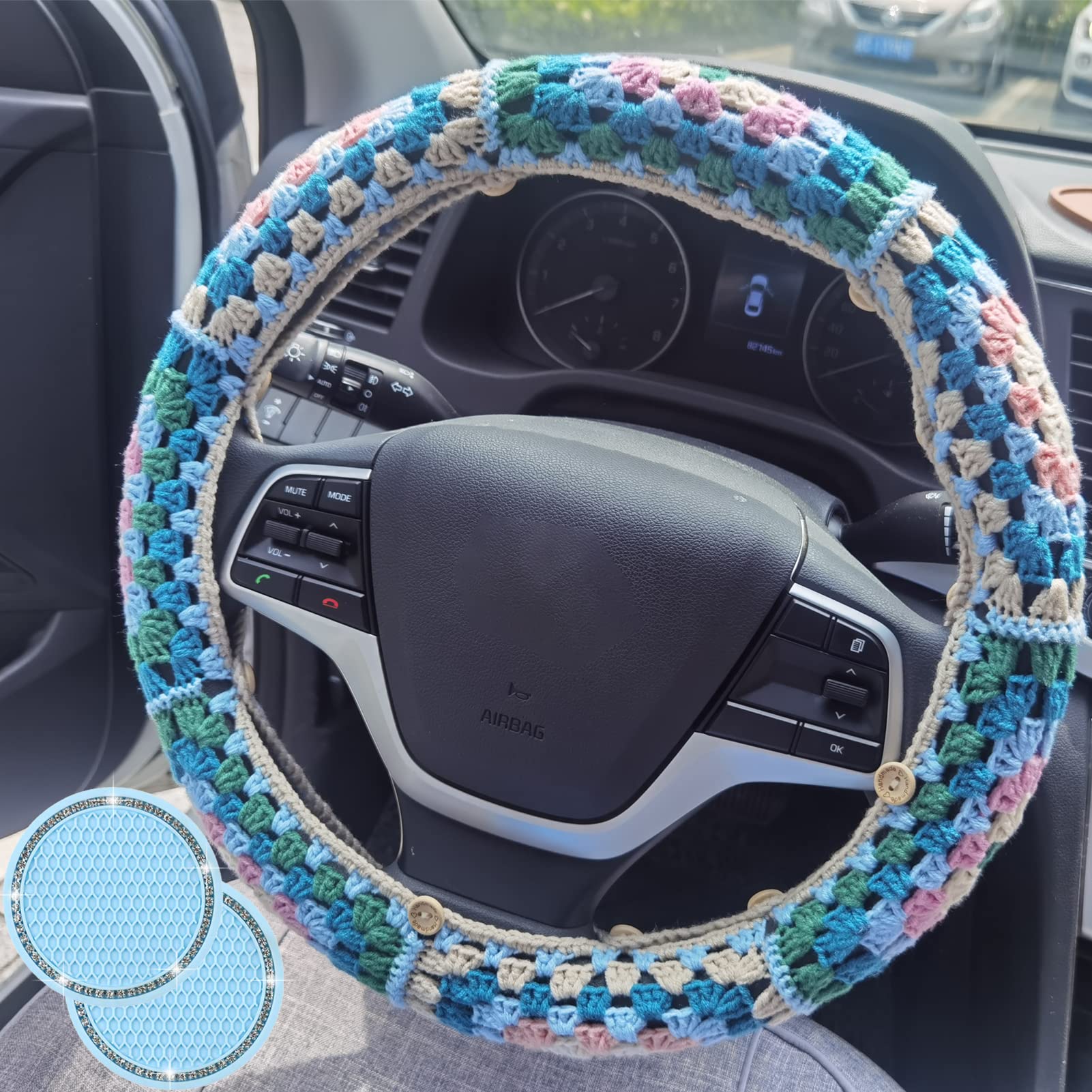 Crochet Steering Wheel Cover for Women Girl, YUNXNYC 3 Pcs Cute Colorful Knitting Car Steering Wheel Cover with Blue Bling Car Coasters Car Interior Accessories Decoration