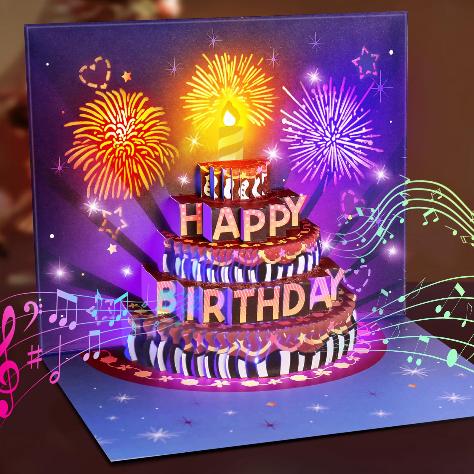 INPHER Birthday Cards Fireworks Pop Up Cake Light and Music Happy Birthday Gifts for Women, Men, Mom, Grandma