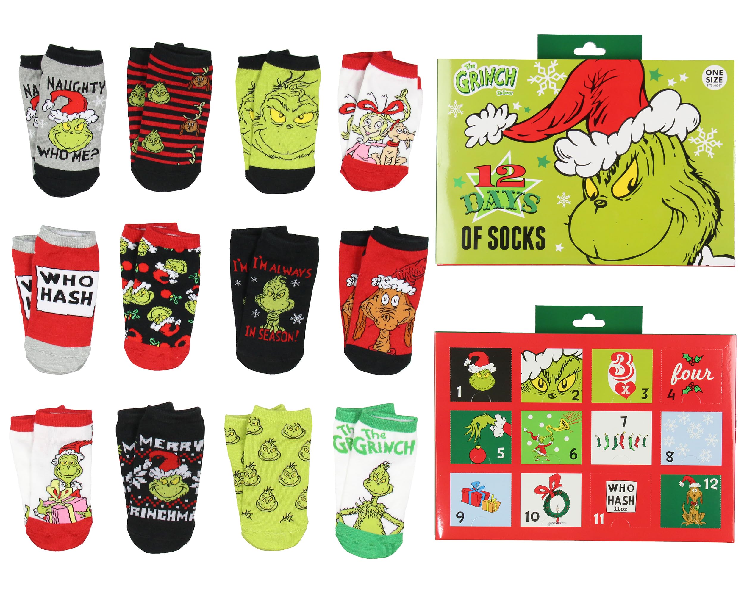 MJC Dr. Seuss The Grinch 12 Days Of Christmas Socks Advent Calendar 12 Day Punch Out Window Adult Ankle No Show Gift Box Set