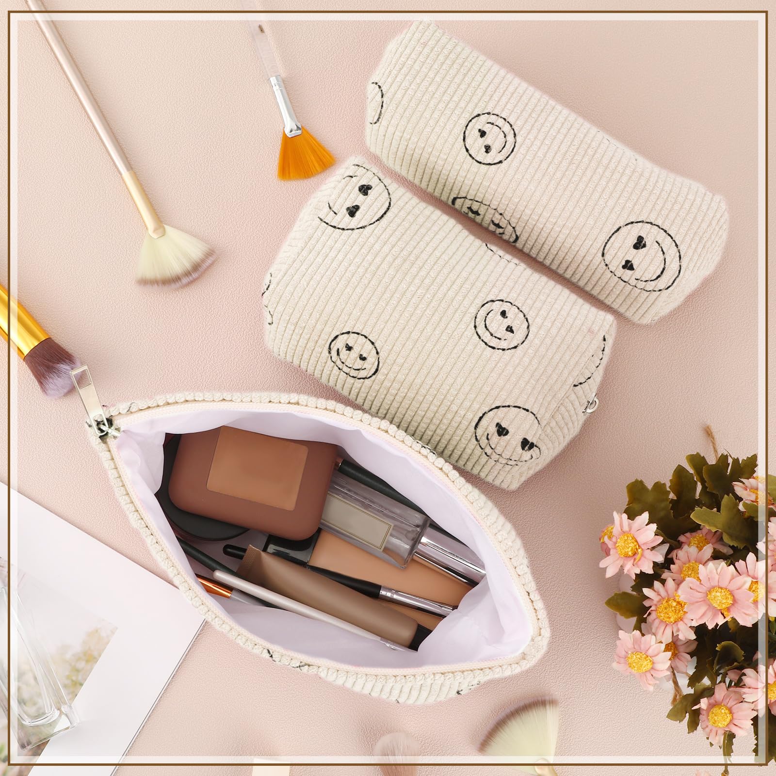 Huhumy 3 Pcs Makeup Bag Corduroy Cosmetic Bag Aesthetic Cute Preppy Makeup Bags for Women Smile Small Makeup Purse Pouch Travel Toiletry Bag Set Makeup Organizer with Zipper(Beige, Smile Face)