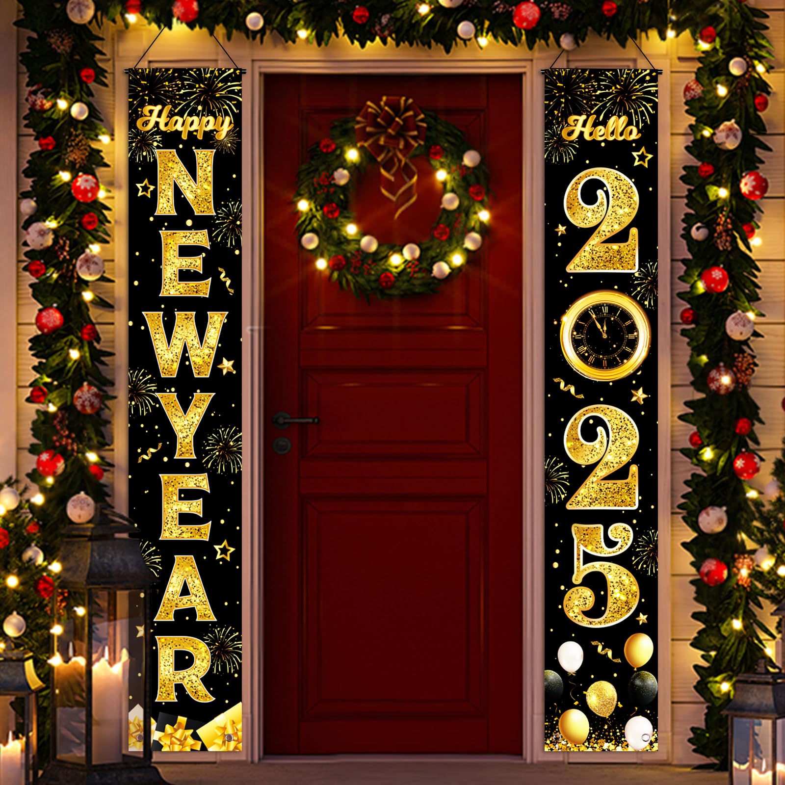 Happy New Year Door Banner, 2PCs New Year Front Door Banner 2025 Black Gold New Year Front Porch Hang Door Banners Sign Set New Years Eve Party Supplies Happy New Year Decorations, 71x12 Inch