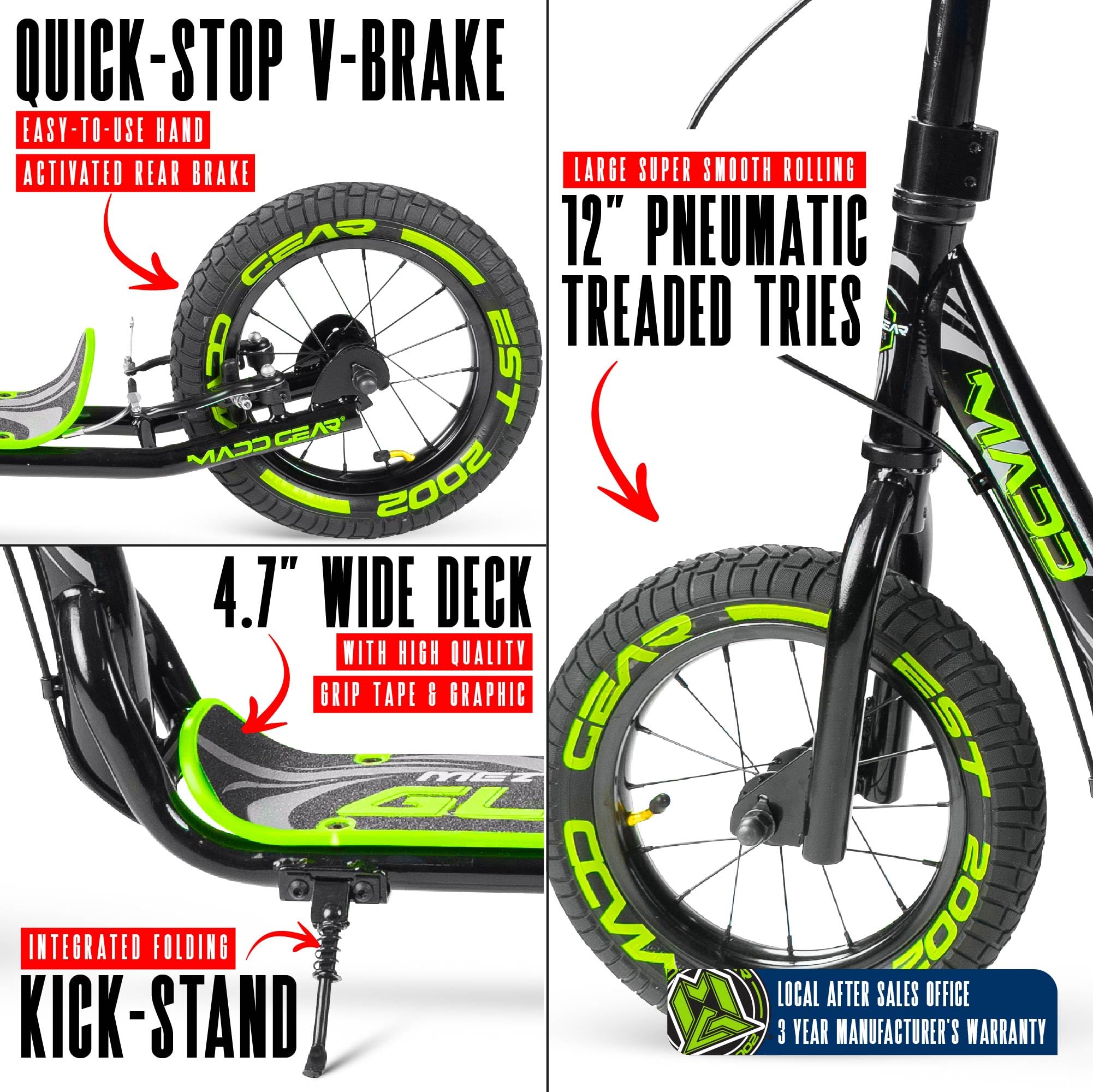 Large Kick Scooter for Adults, Teens & Kids 8-12 with Kickstand – 12" Air-Filled Tires, Wide Deck, Lightweight Steel Frame – Madd Gear Metro Glide 300 (Black Green)