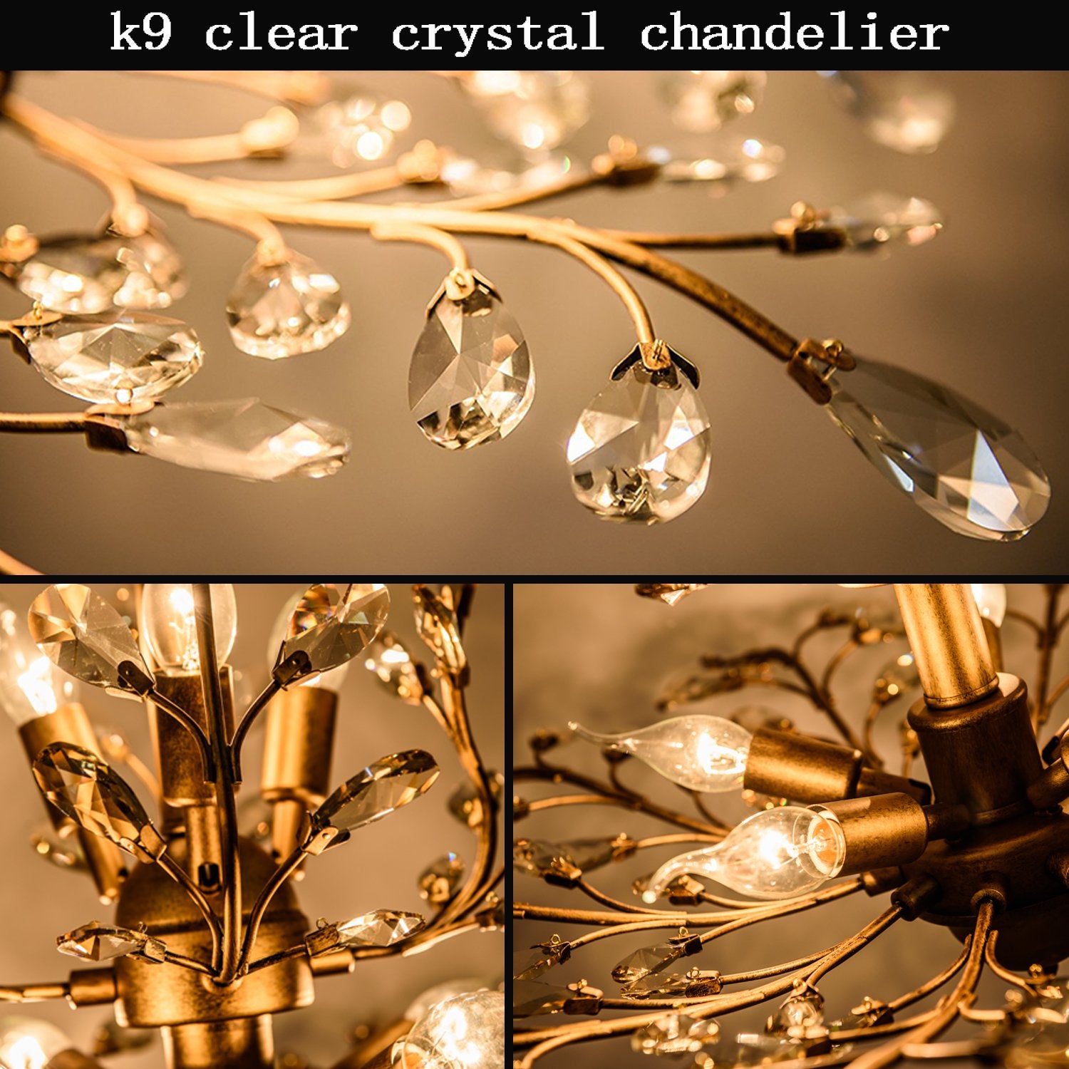 Garwarm 3-Light Crystal Chandeliers,Ceiling Lights,Crystal Pendant Lighting,Ceiling Light Fixtures for Living Room Bedroom Restaurant Porch(Gold)