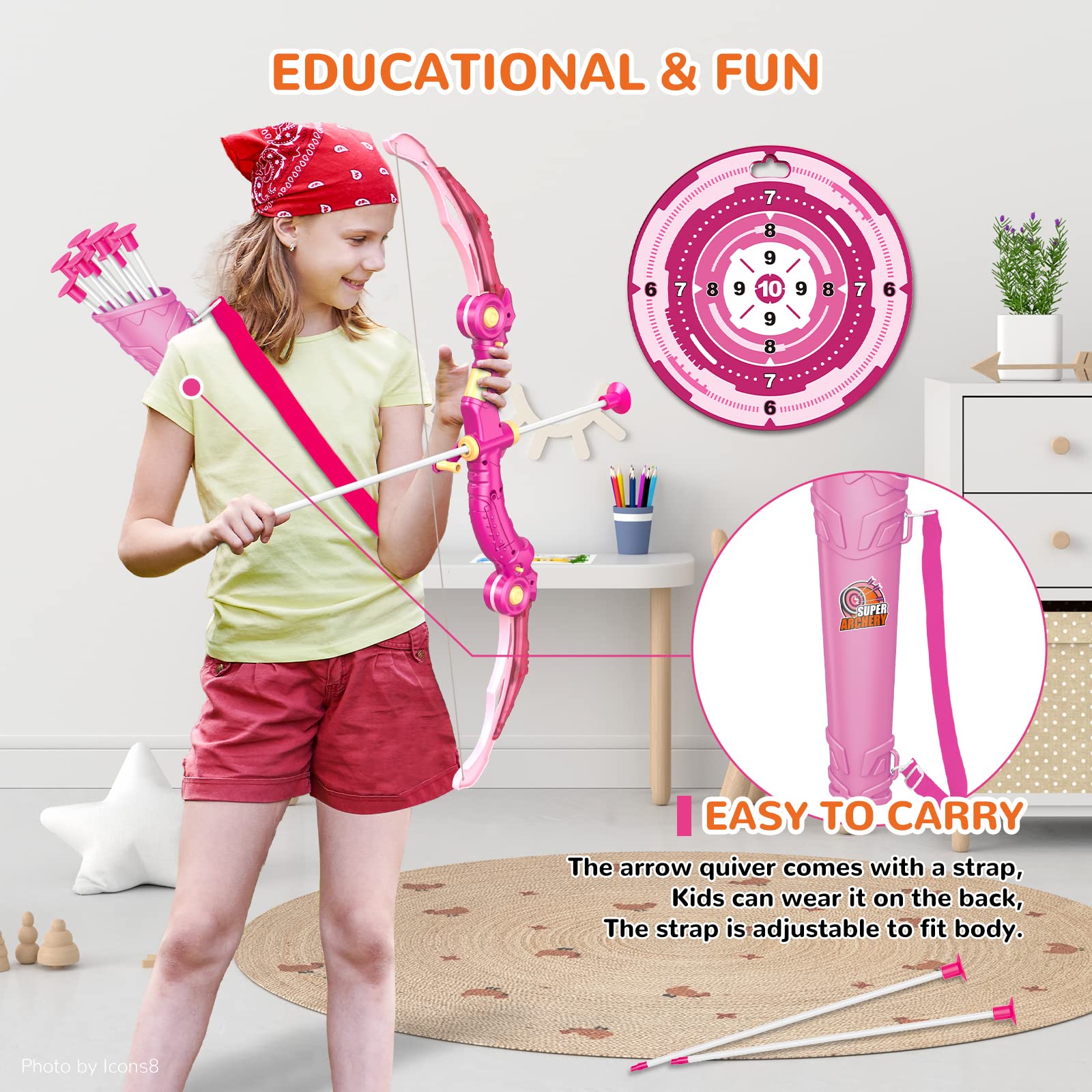 Bow and Arrow Toys with LED Light Up Archery, Birthday Gift for Girls 5 6 7 8 9 10 11 12 Year Old, Christmas Indoor Outdoor Activity Toy for Kids Girls Ages 6-8, 10 Suction Cup Arrows, Target, Quiver