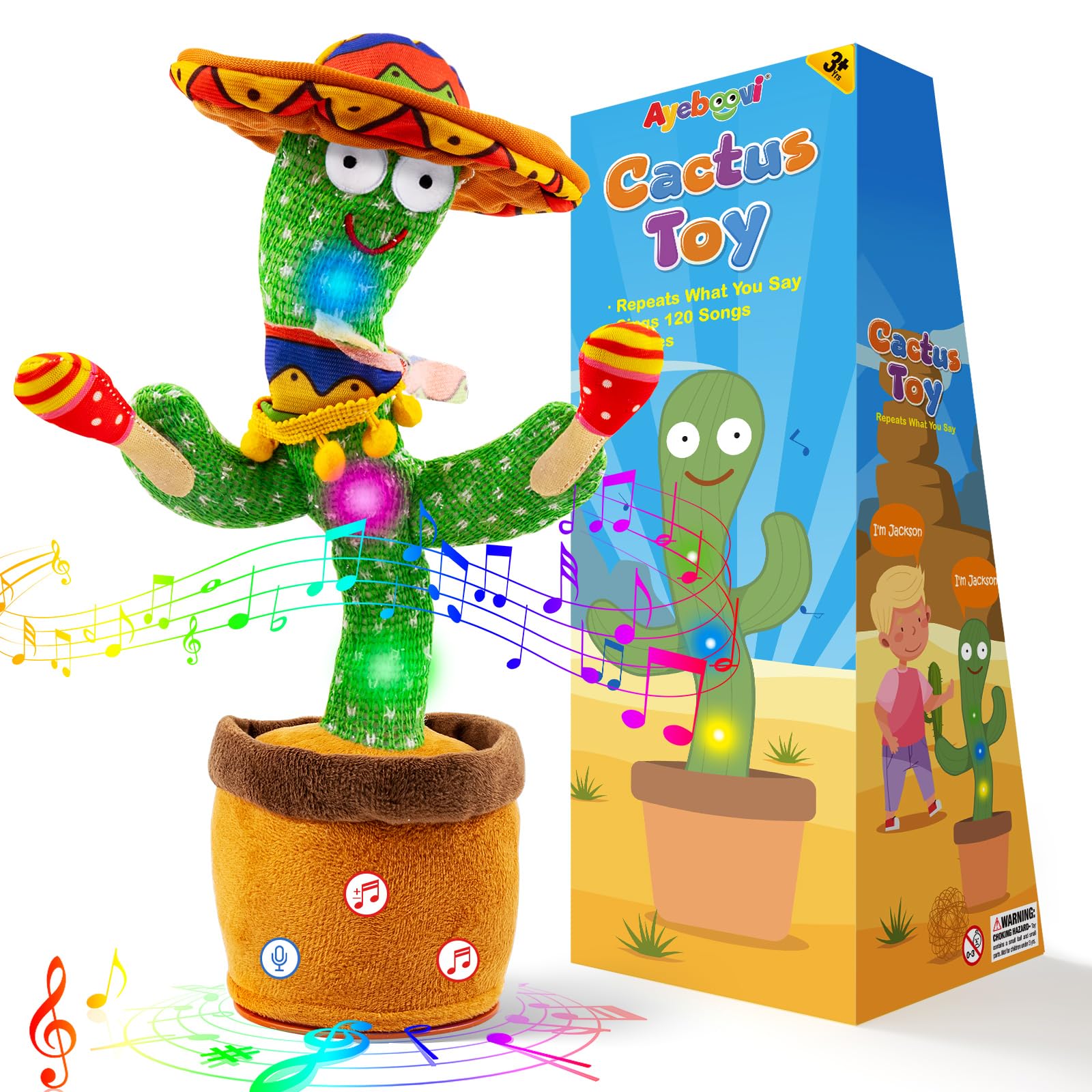 Ayeboovi Dancing Talking Cactus Toys for Baby Boys and Girls, Kids Adjust Volume Singing Record Repeating What You Say Sunny Cactus Mimicking Toy Electronic Light Up Plush Toy with 120 Songs