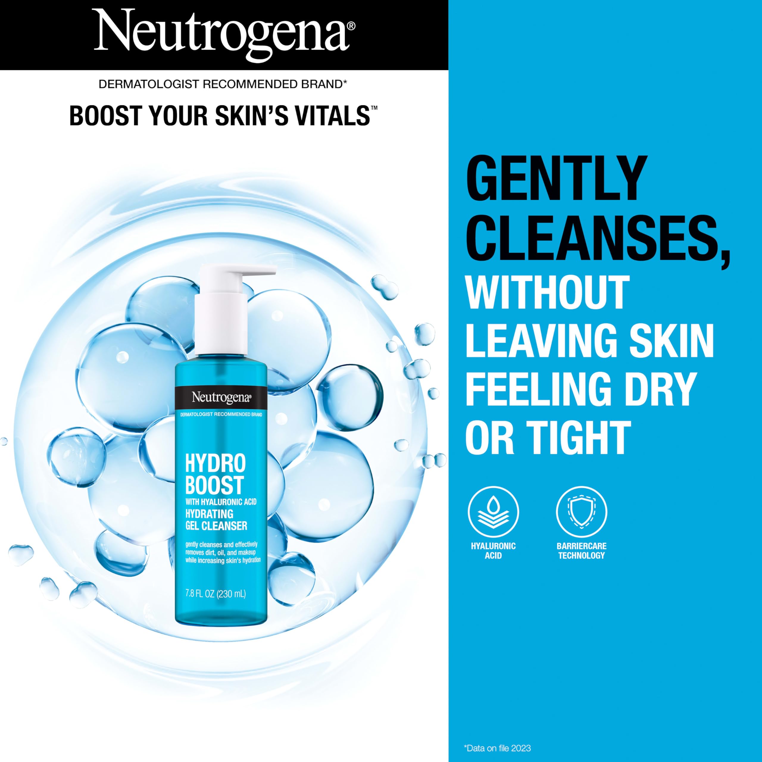 Neutrogena Hydro Boost Facial Cleansing Gel, Hydrating Gentle Face Cleanser and Makeup Remover with Hyaluronic Acid, Hypoallergenic Formula, 7.8 FL OZ