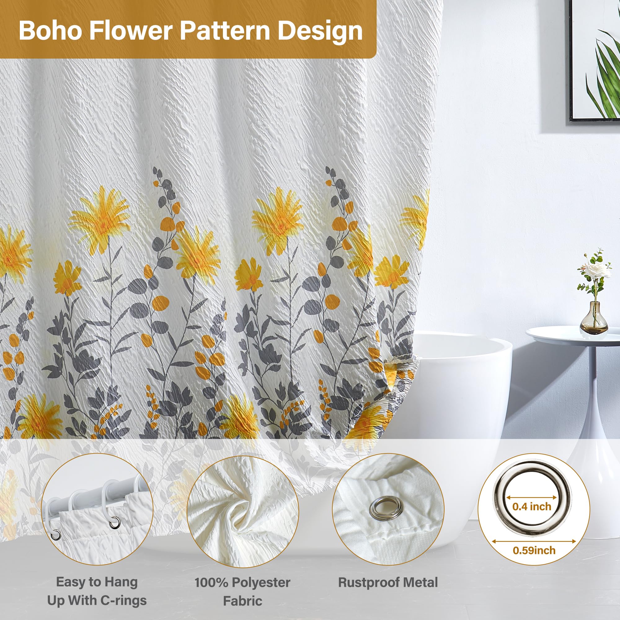 Yellow Floral Shower Curtain Set for Bathroom, Boho Sunflower Shower Curtain, Yellow & Gray Textured Shower Curtains, Fabric Flower Shower Curtain Botanical Bath Curtain, Water Repellent 72x72Inch