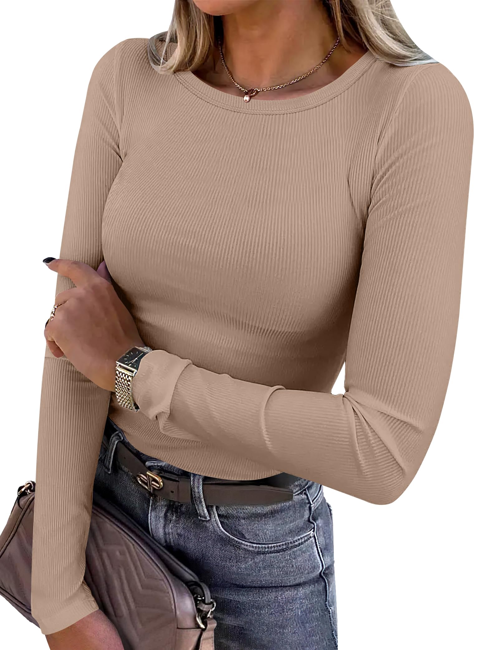 ANRABESS Women Long Sleeve Crewneck Rib Knit Slim Fit Shirts Basic Tee Tops 2024 Casual T-Shirt Going Out Workout Outfits Light Khaki Small