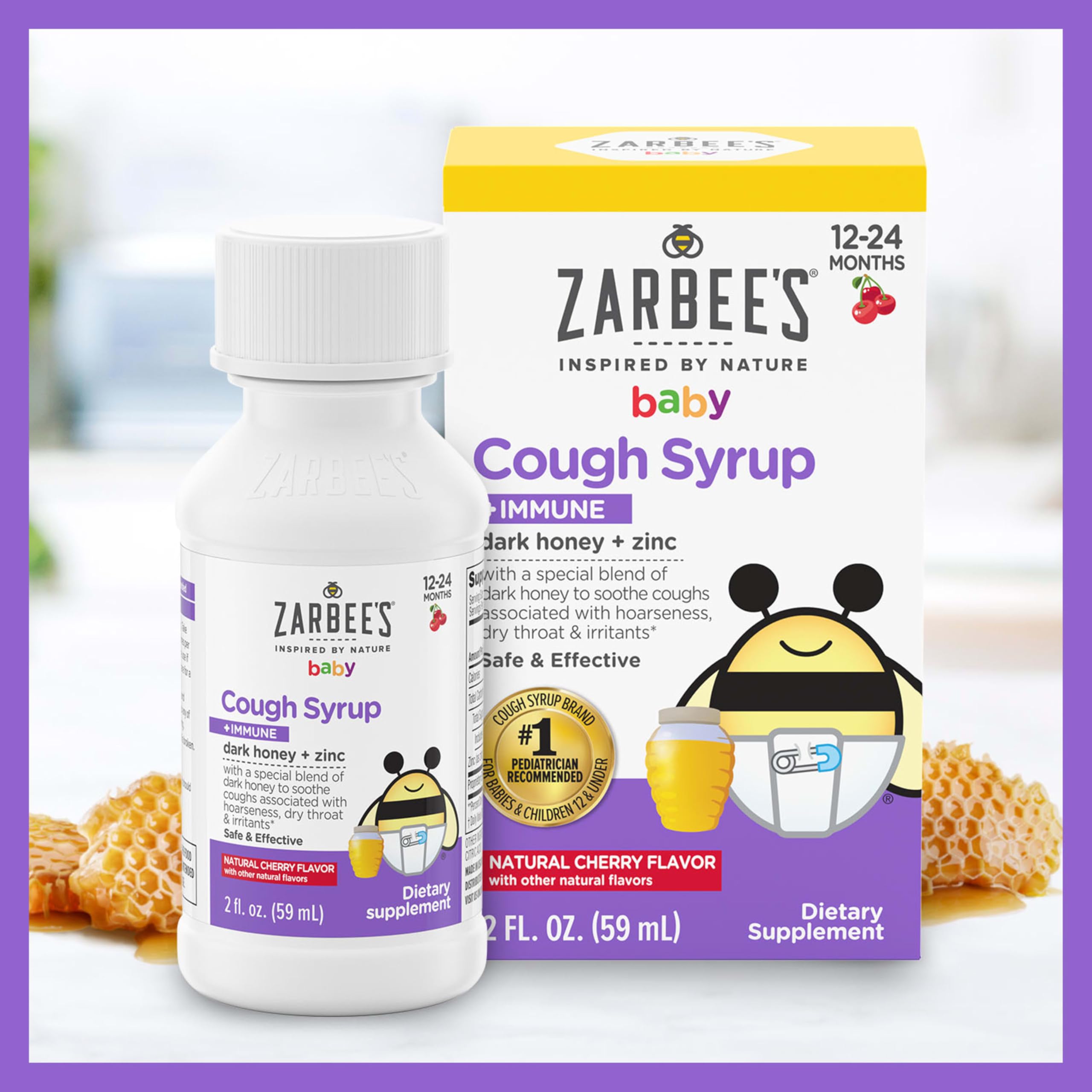 Zarbee's Baby Cough Syrup + Immune, Drug & Alcohol-Free Toddler Cough Relief with Dark Honey & Zinc, Natural Cherry Flavor, 2Fl Oz