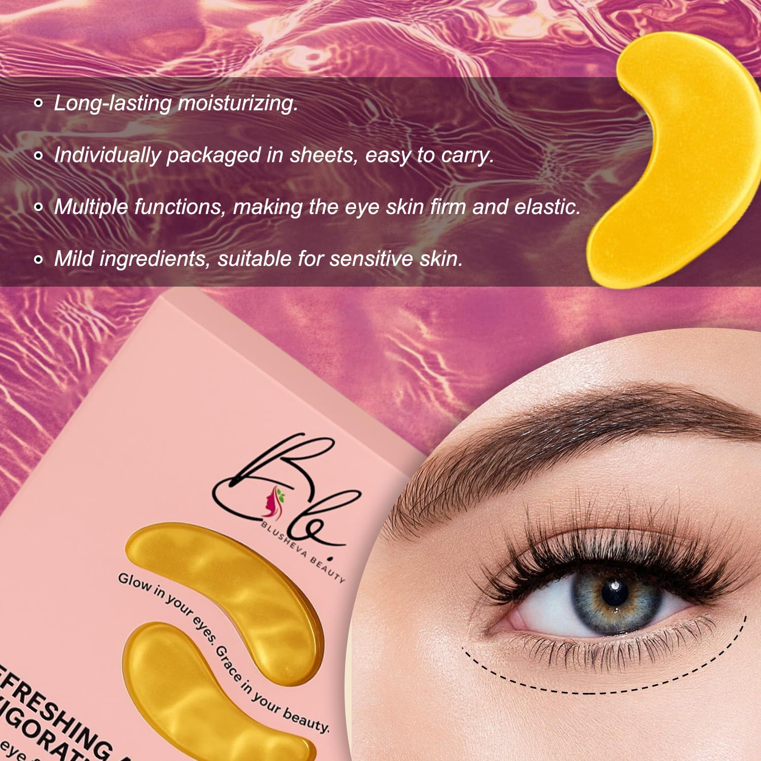 Blusheva Beauty Gold Under Eye Masks – 24 Pairs Collagen & Hydrating Gel Eye Patches for Dark Circles, Puffy Eyes, Fine Lines & Anti-Aging Skincare – Vegan, Cruelty-Free Self Care Essentials