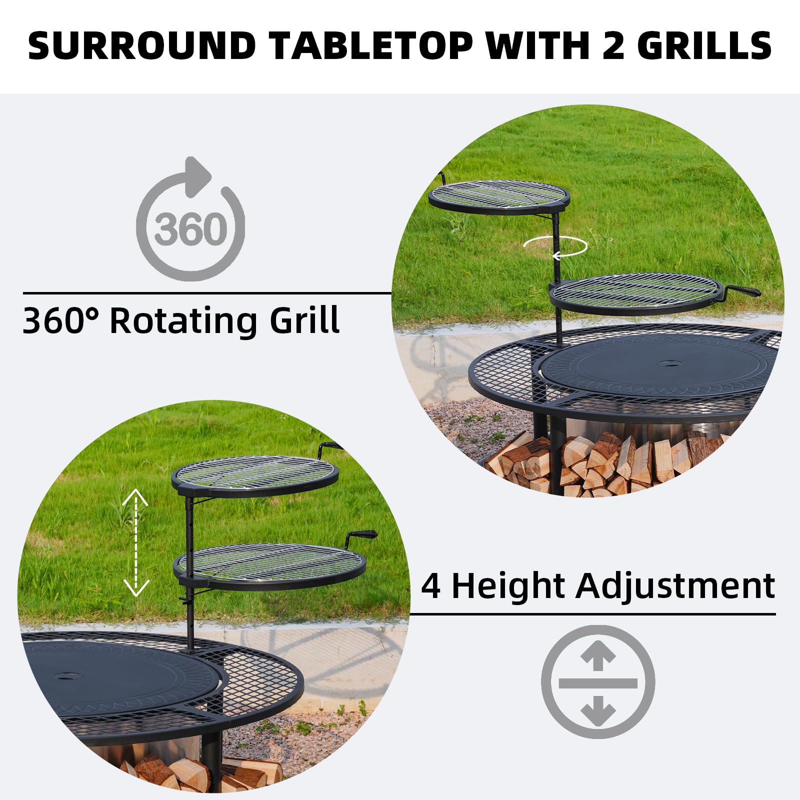 50 Inch Fire Pit Surround Tabletop for Smokeless Fire Pit, Outdoor Surround Table with 2 Grill Grates and Firewood Storage Shelf, Protective Barrier for Safety & Extra Space (Stove not Included)