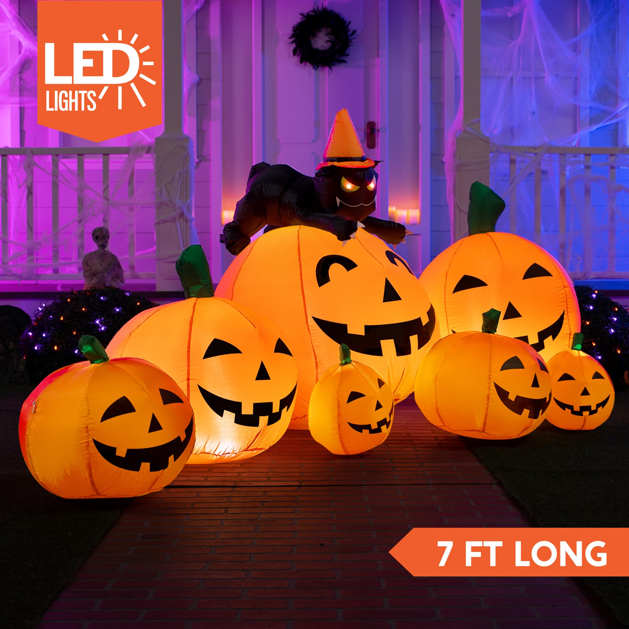 Joiedomi 7 FT Long Halloween Inflatables Pumpkin Outdoor Decorations, 7 Pumpkins Outside Decoration with Witch's Cat with Build-in LEDs Blow Up Inflatables for Halloween Party Yard Lawn Garden Decor