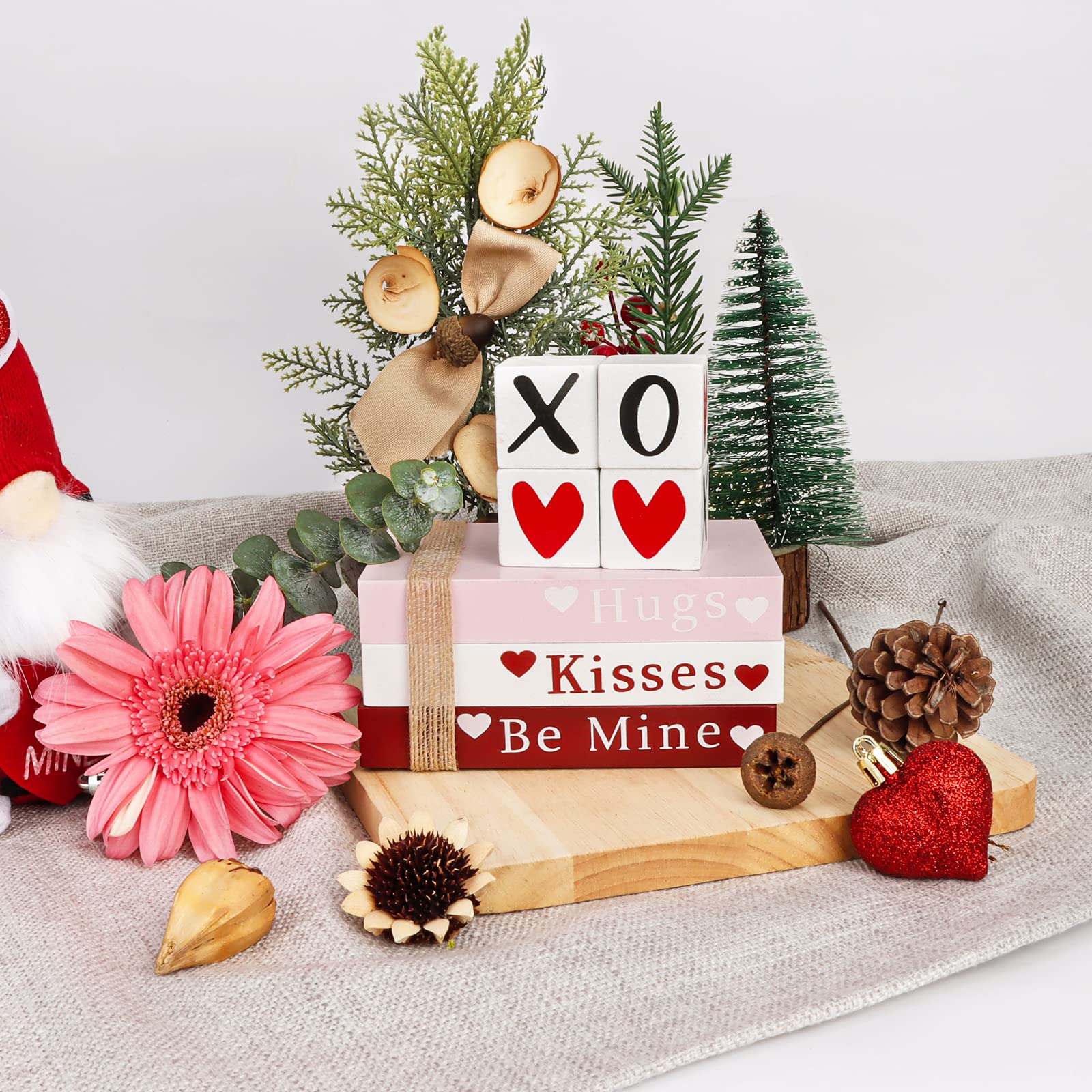 Valentines Day Decor, Wooden Book Stack with 4 XOXO Valentines Decor Signs, Valentines Day Decorations for The Home, Tiered Tray, Coffee Table, Fireplace Mantel, Shelf - Valentines Decorations Indoor