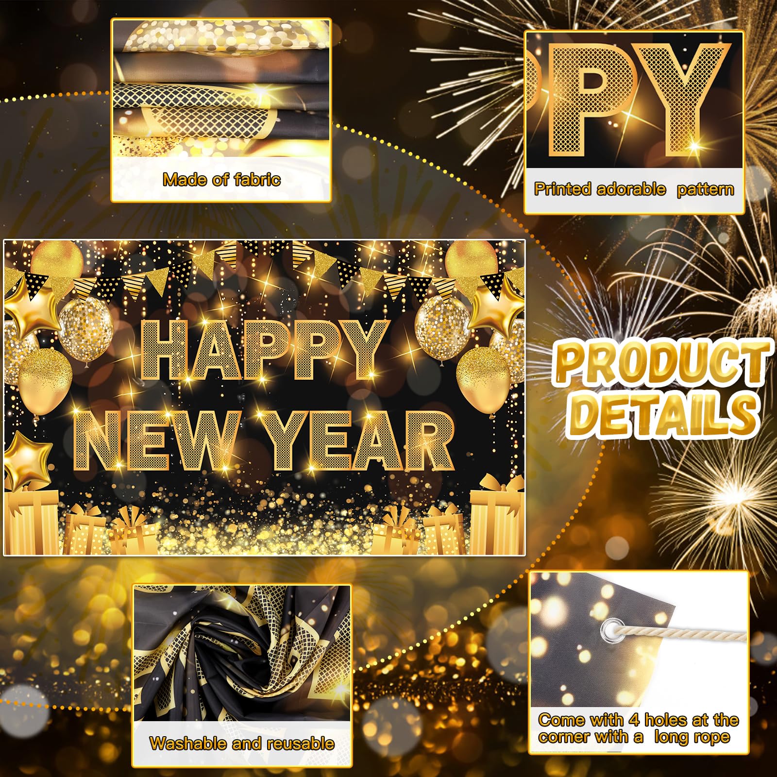 Happy New Year Decorations 2025, 71 * 44IN Happy New Year Banner 2025 Happy New Year Backdrop Party Supplies for Black and Gold New Years Eve Party Decorations 2025